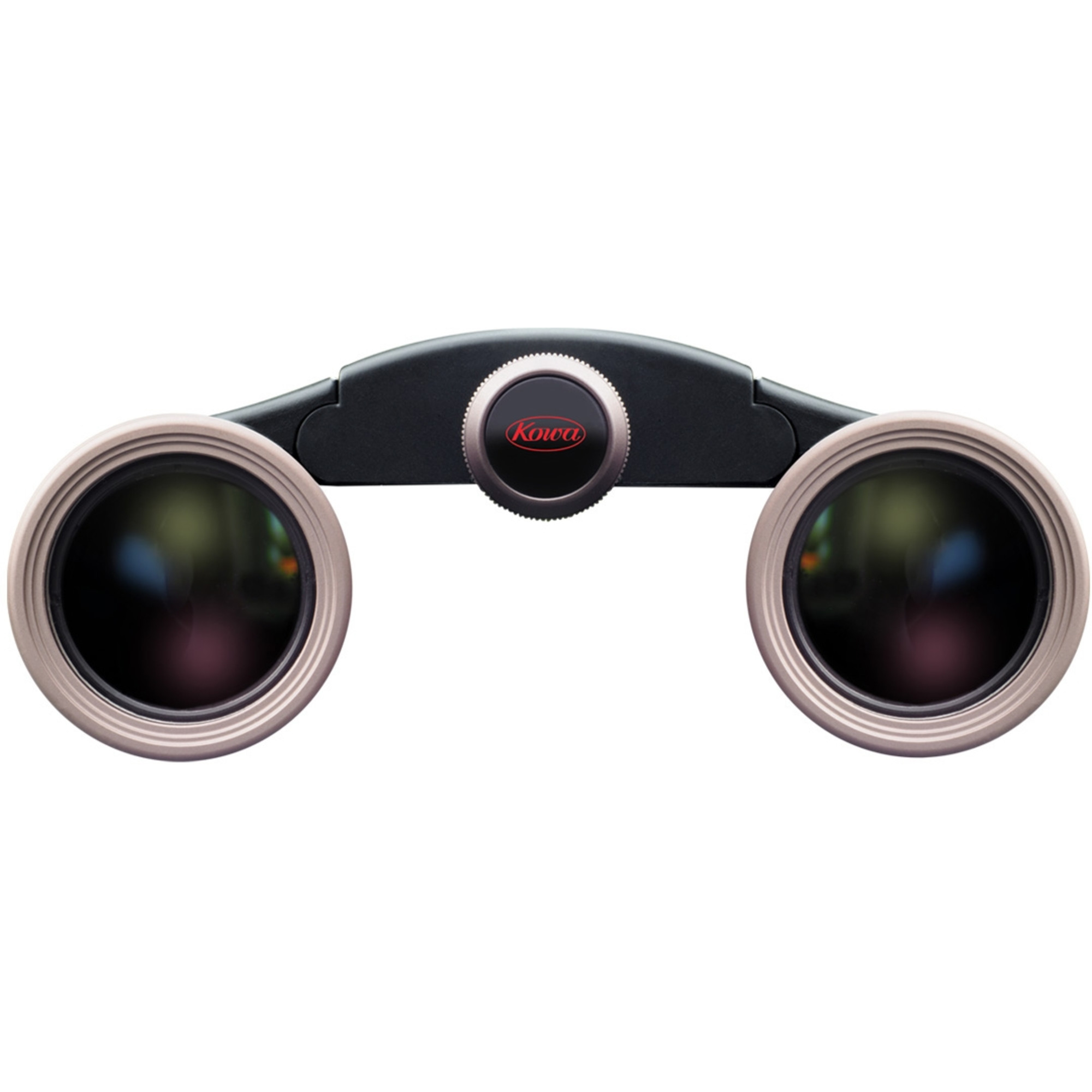 Binocolo con elementi neri e beige, con logo 'Kowa'. Le lenti riflettono un ambiente colorato e sfocato.
