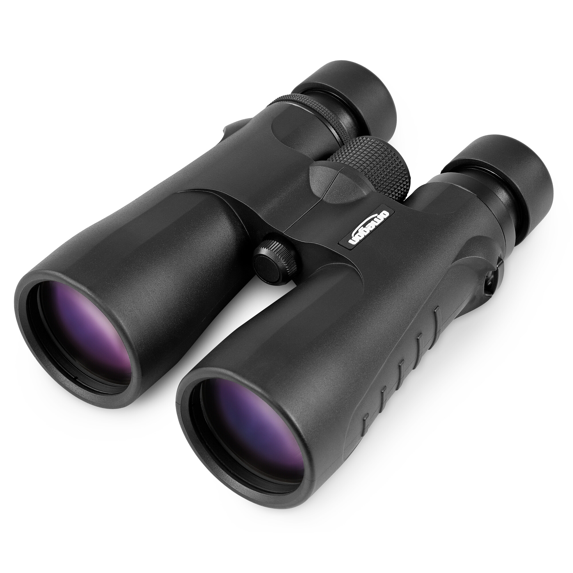 Schwarzes Fernglas auf weißer Fläche. Die Linsen haben einen violetten Farbton. Der Markenname ist sichtbar.