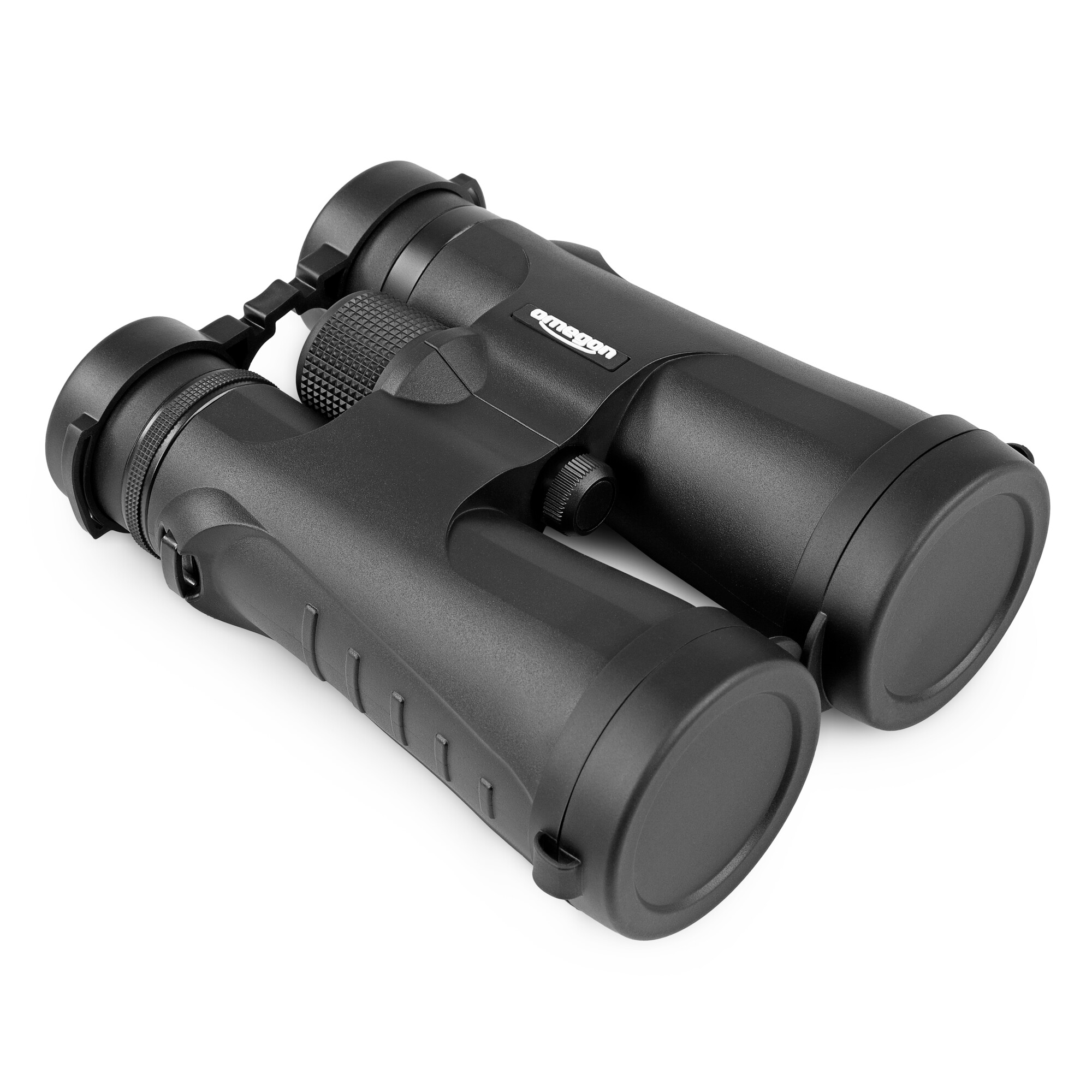 Schwarzes Fernglas auf weißer Oberfläche. Auf dem Fernglas steht das Wort 'Omegon'. Der Hintergrund ist weiß.