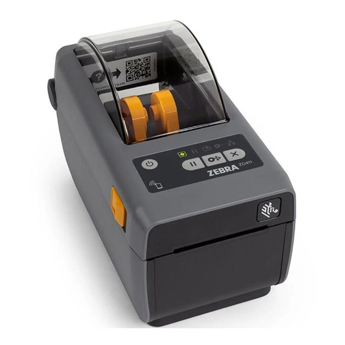 Ein grauer Zebra ZD411 Etikettendrucker. Er hat eine transparente Abdeckung, orangefarbene Rollen und ein Bedienfeld.