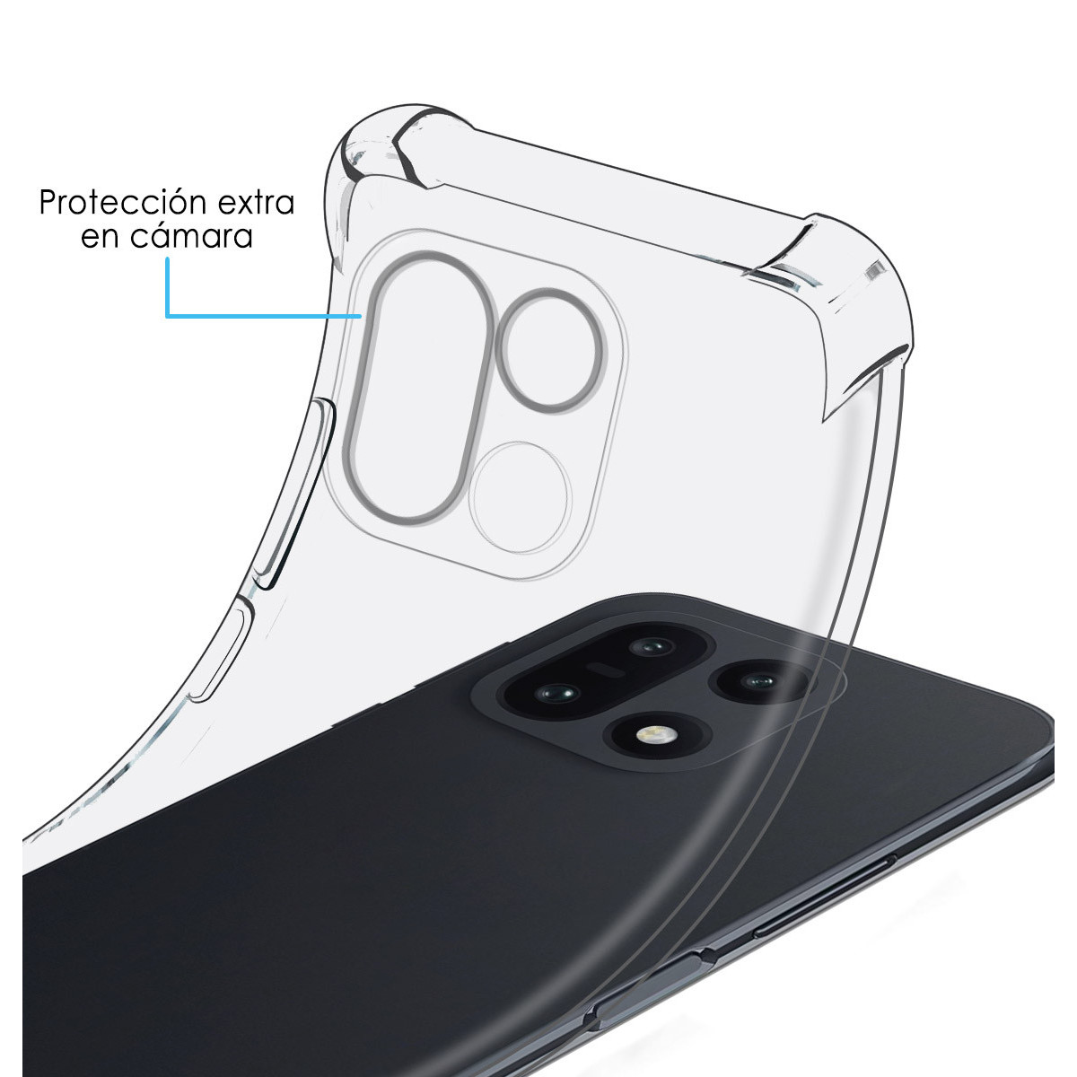 Una custodia trasparente è su un telefono nero. La custodia ha una protezione per la fotocamera. Lo sfondo è bianco.