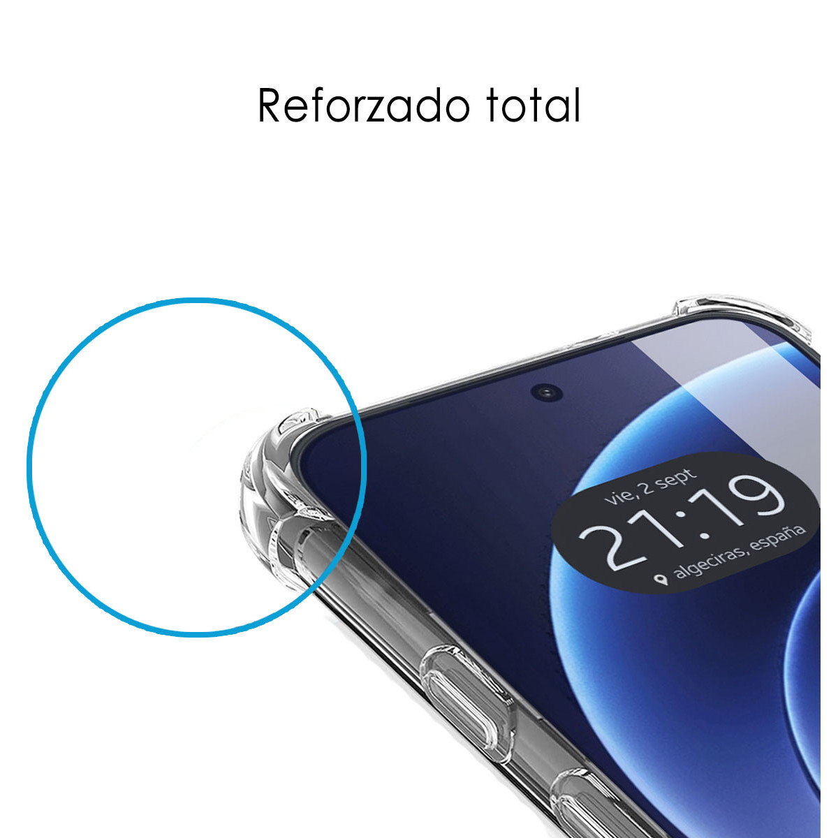 Un telefono in una custodia trasparente. Lo schermo mostra l'ora, 21:19. Il testo sopra dice 'Reforzado total'.