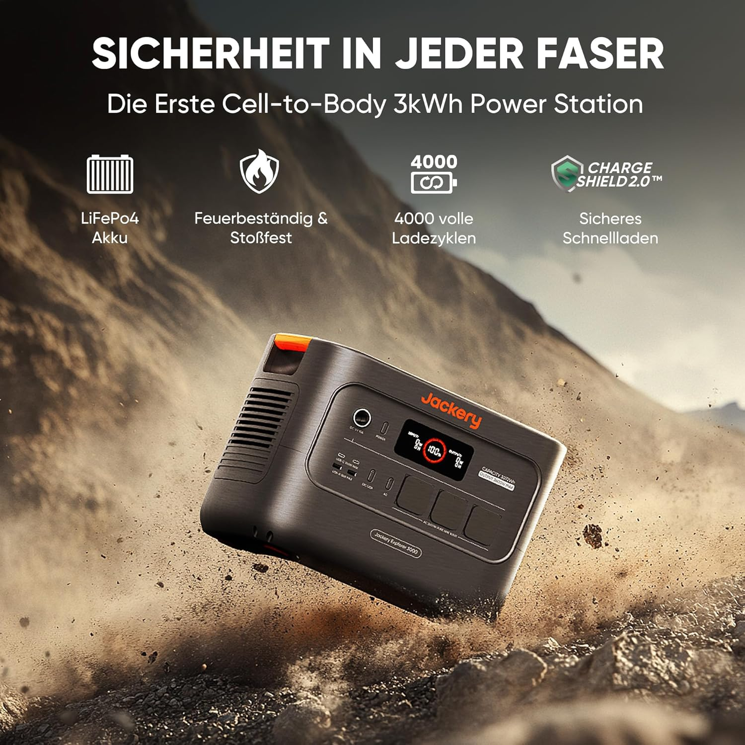 Eine Jackery Explorer 3000 Power Station wird auf einer felsigen Oberfläche gezeigt, mit Text, der Sicherheitsmerkmale und Spezifikationen angibt.
