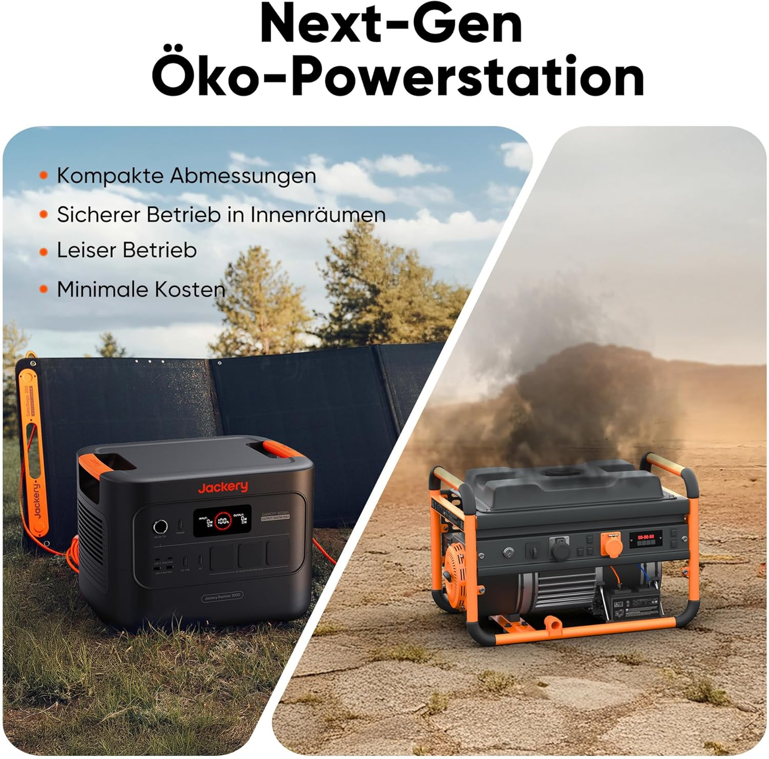 Das Bild zeigt ein schwarzes und orangefarbenes Kraftwerk neben einem Generator. Der Text hebt Merkmale wie kompakte Größe und leisen Betrieb hervor.