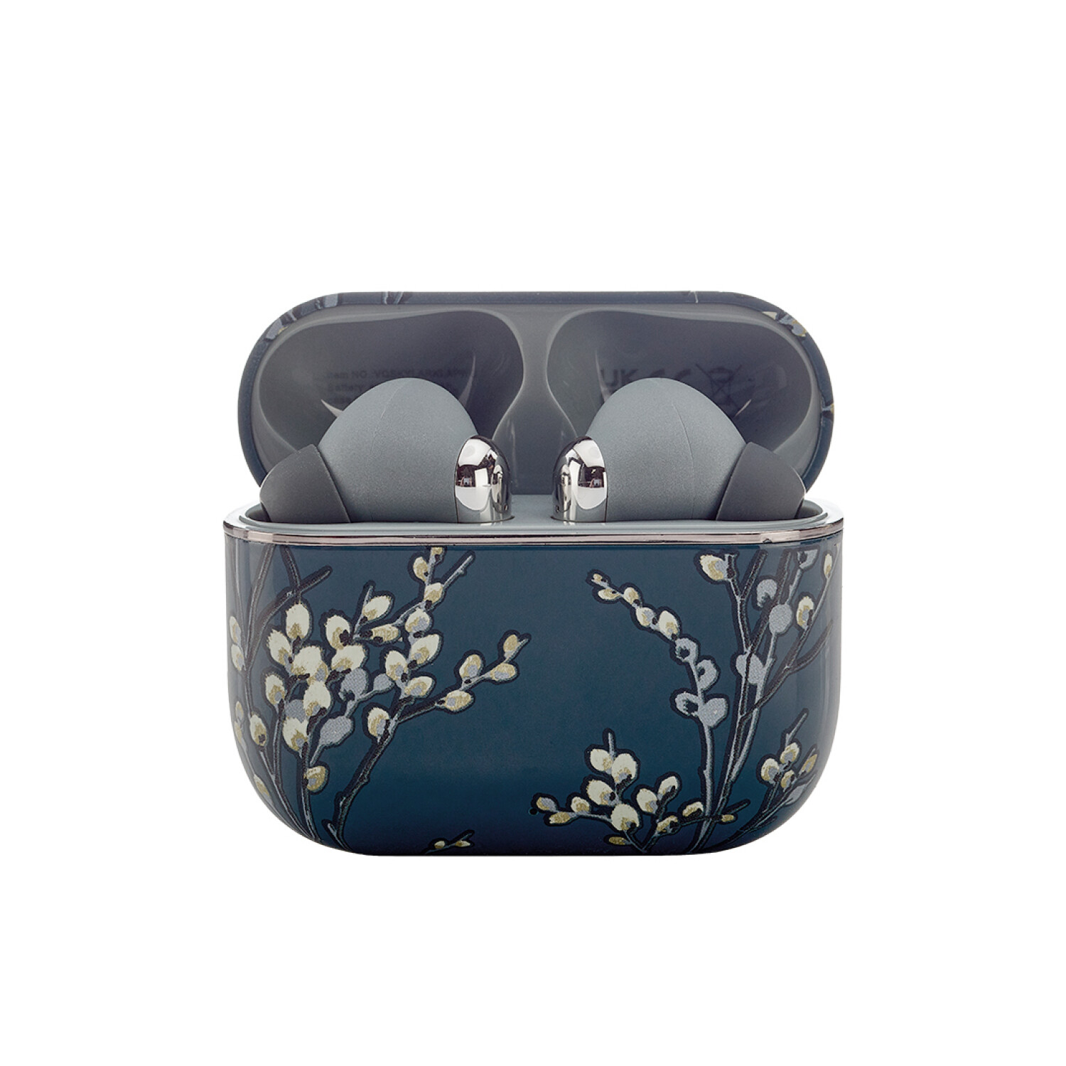 Geöffnete Ohrhörer-Hülle mit floralem Design. Graue Ohrhörer innen. Die Hülle ist teal mit weißen und gelben Blumenmustern.