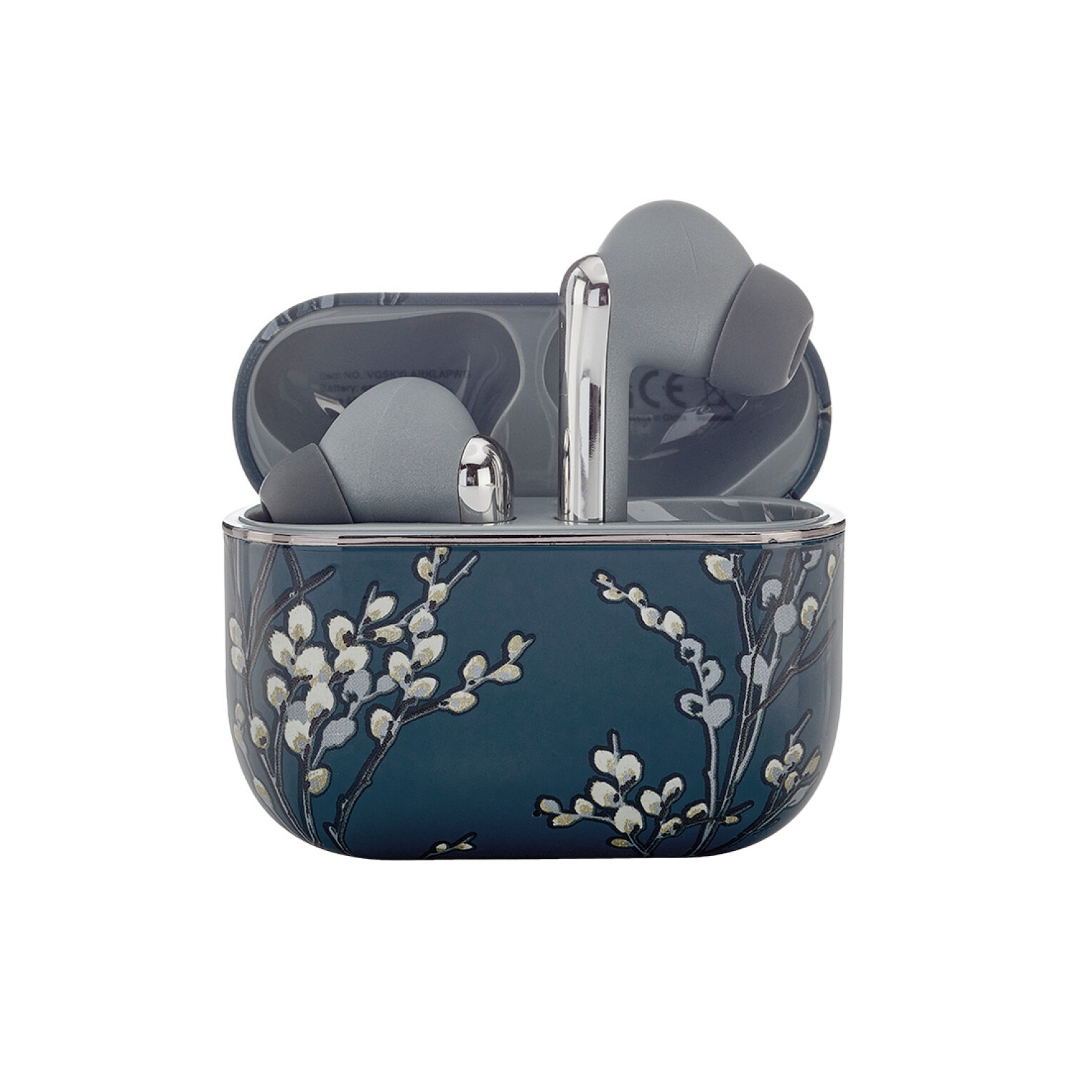 Geöffnete teal Kopfhörer-Hülle mit Blumendesign. Innen graue Ohrhörer und silberne Stiele. Weißer Hintergrund.