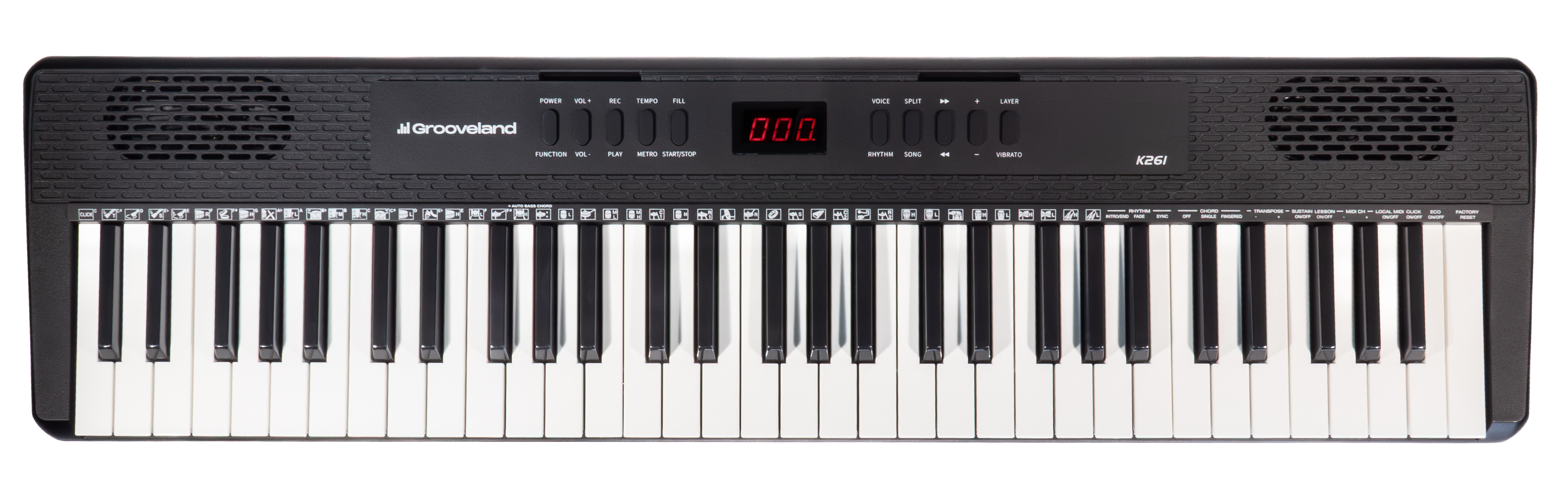 Schwarzes Grooveland K261 Keyboard, weiße und schwarze Tasten. Hat Funktionstasten, ein Display und Lautsprecher.