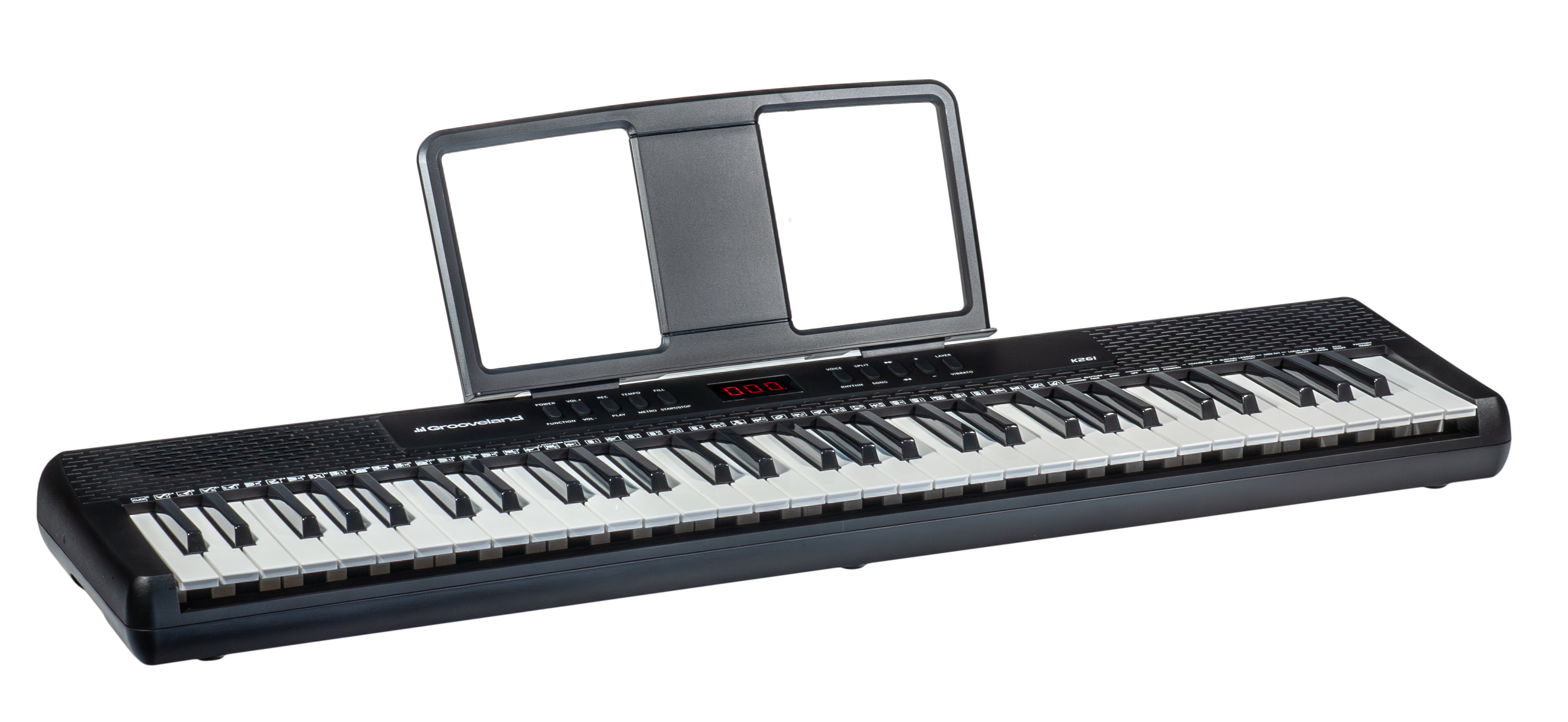 Eine schwarze Tastatur mit weißen und schwarzen Tasten, ein Notenständer und eine Digitalanzeige. Der Hintergrund ist weiß.