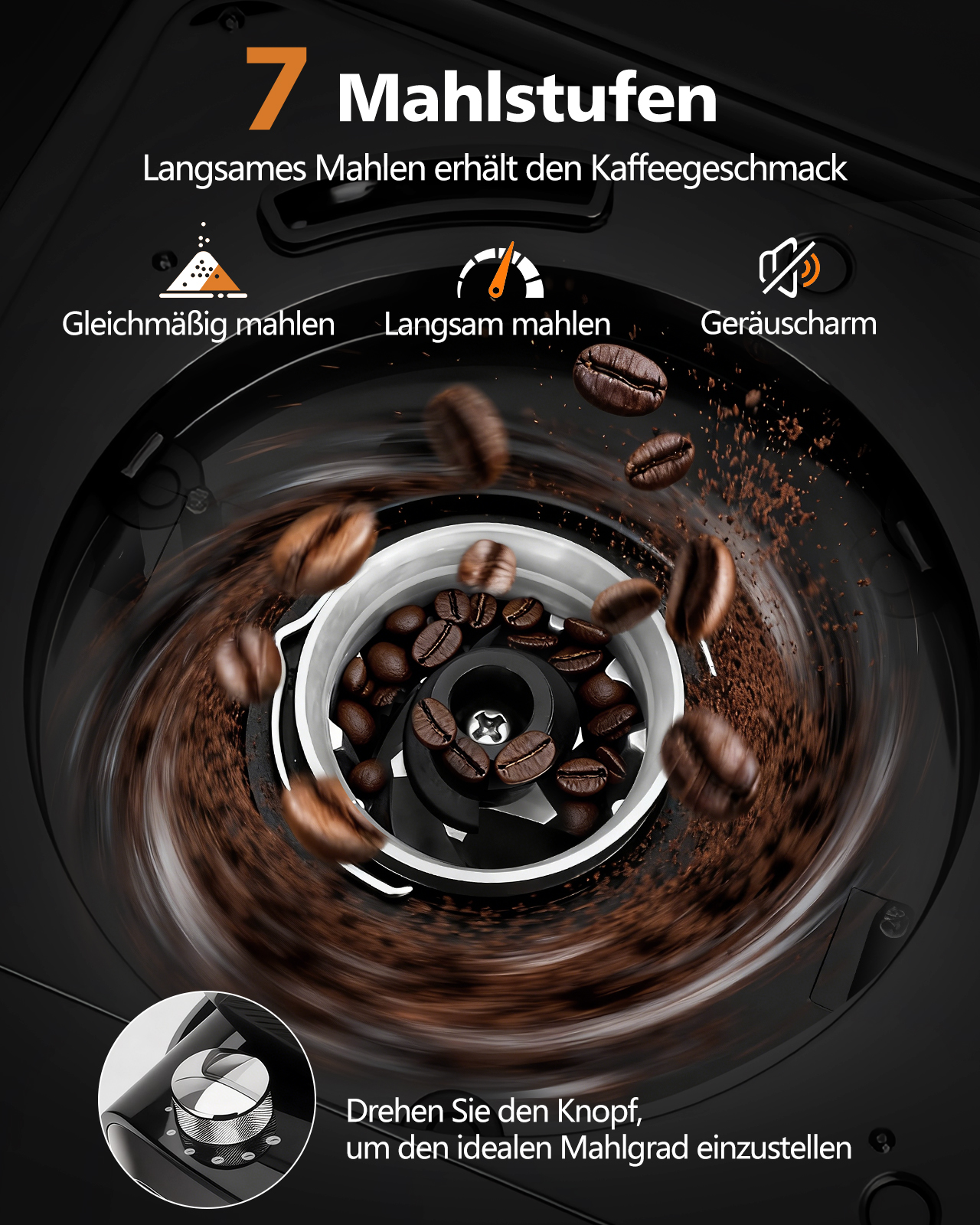 Kaffeemühle mit Bohnen, Kaffeepulver und Bedienknopf. Text zeigt 7 Mahlstufen und langsames Mahlen.