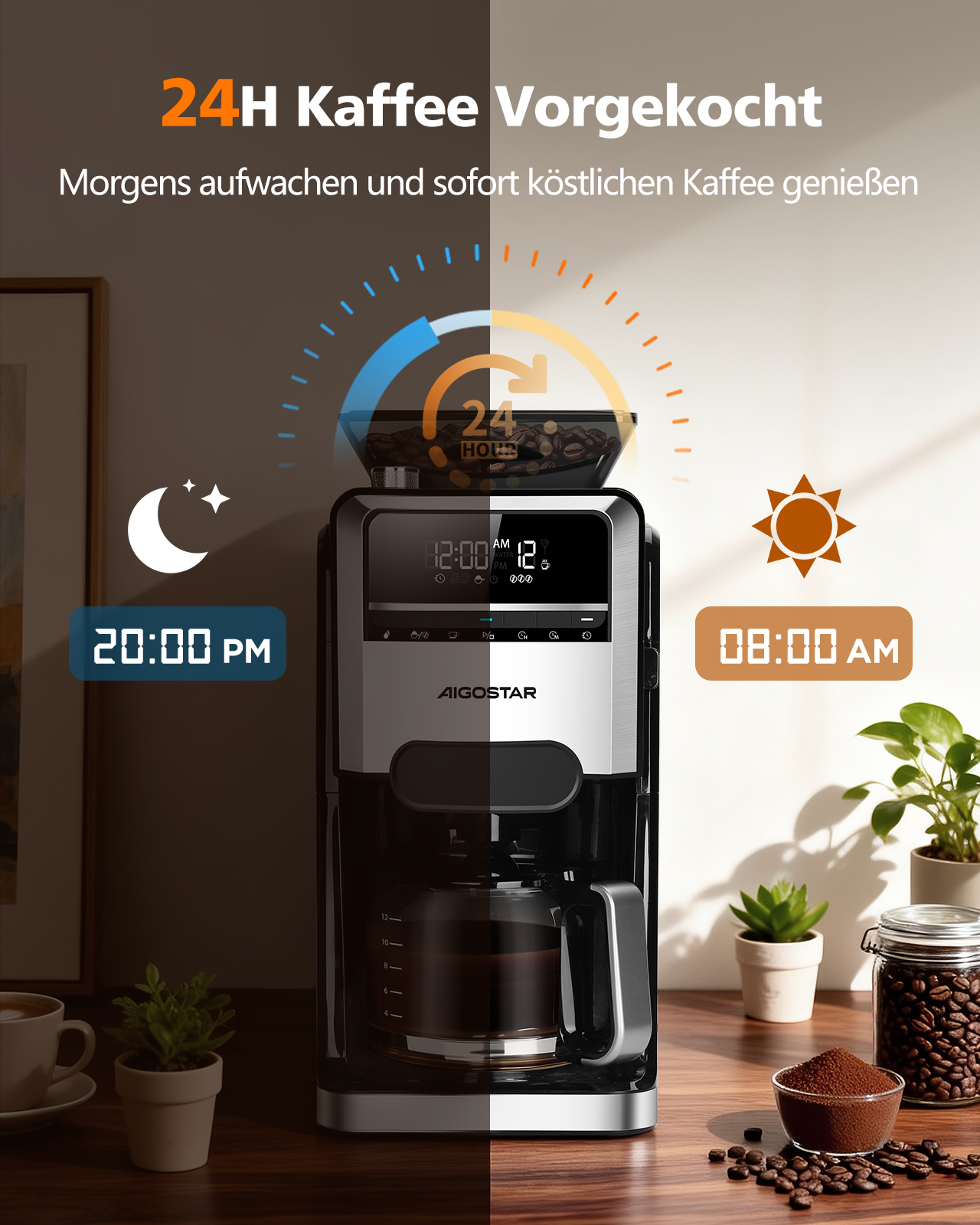 Kaffeemaschine mit Text über 24h vorgekochten Kaffee. Zeigt eine Uhr, Kaffeebohnen, Pflanzen und ein Sonnensymbol.