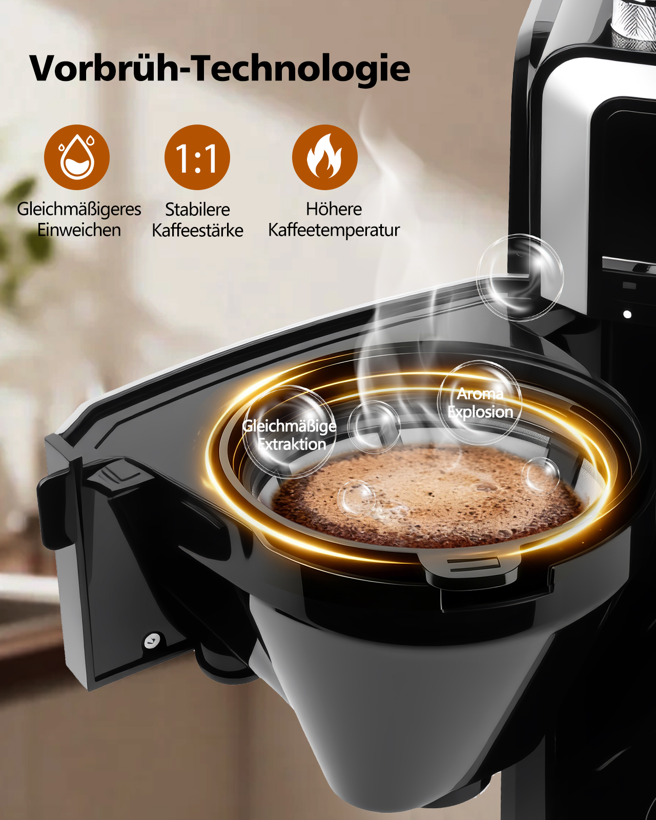 Kaffeemaschine beim Brühen von Kaffee. Merkmale sind gleichmäßiges Einweichen, stabile Kaffeestärke und höhere Temperatur.