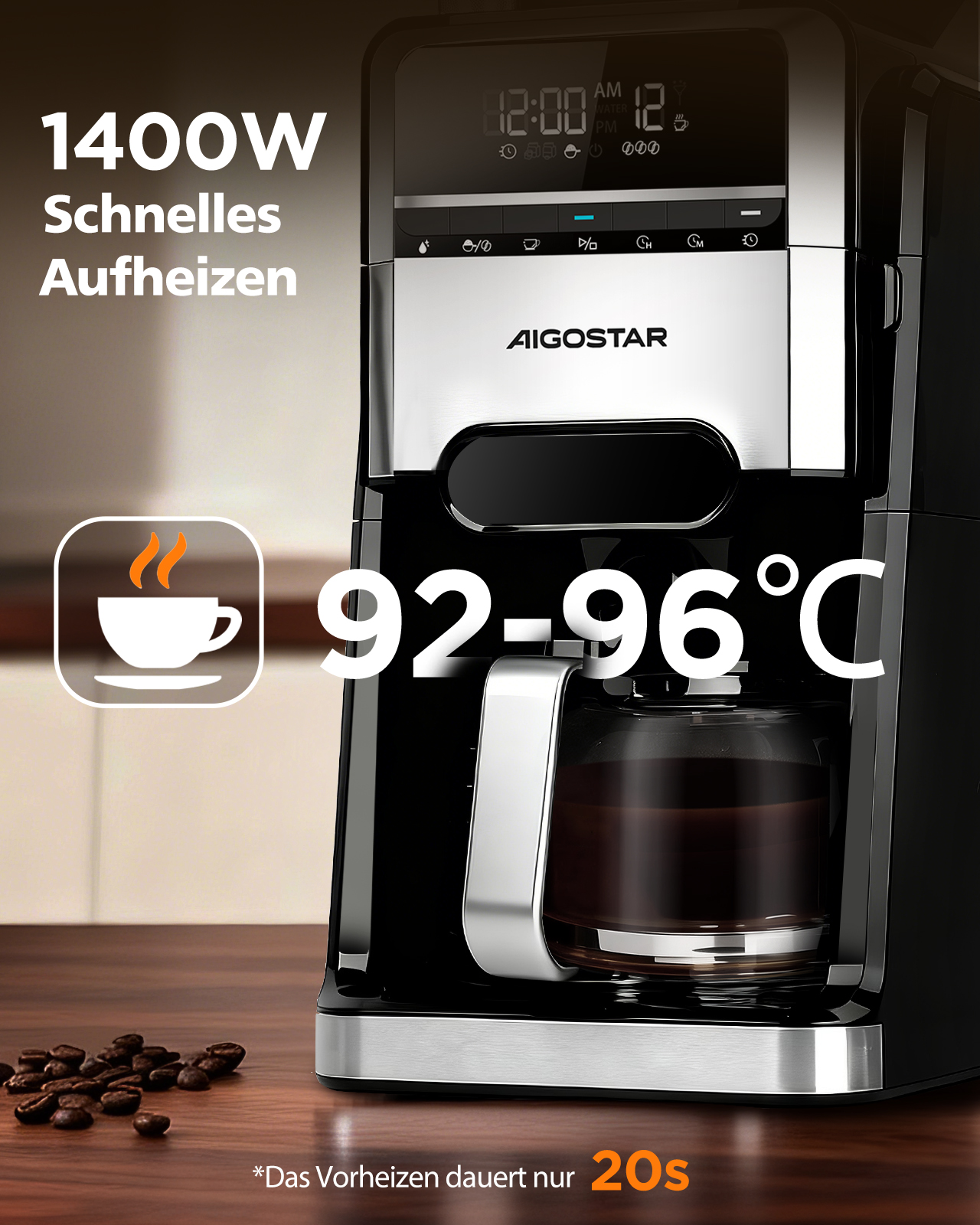 Schwarzer AIGOSTAR-Kaffeeautomat. Text: 1400W, Schnelles Aufheizen, 92-96°C. Kaffeebohnen auf einem Holztisch. Text: 20s.