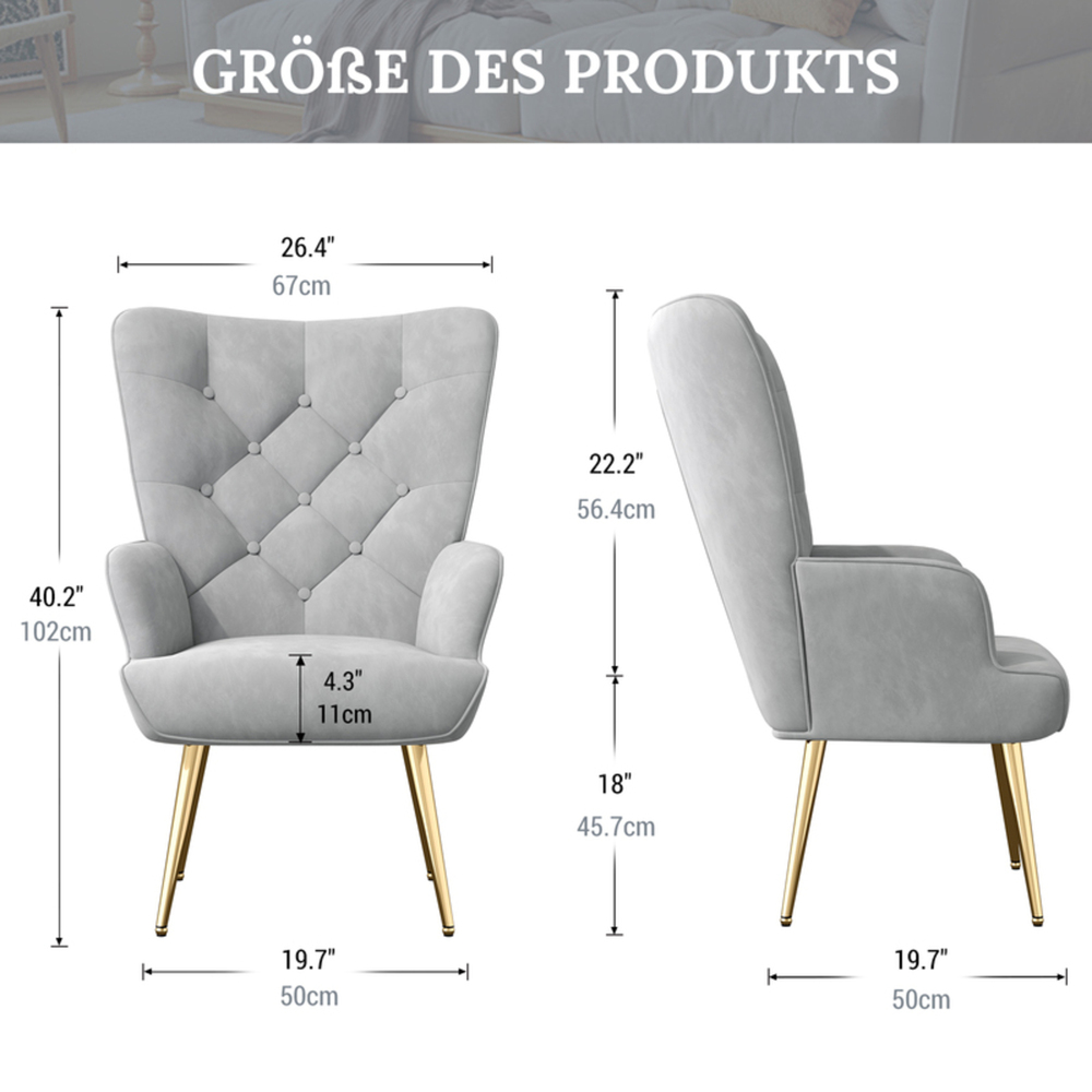 Ein grauer Sessel mit goldenen Beinen wird von vorne und von der Seite gezeigt, mit Abmessungen in Zoll und Zentimetern.