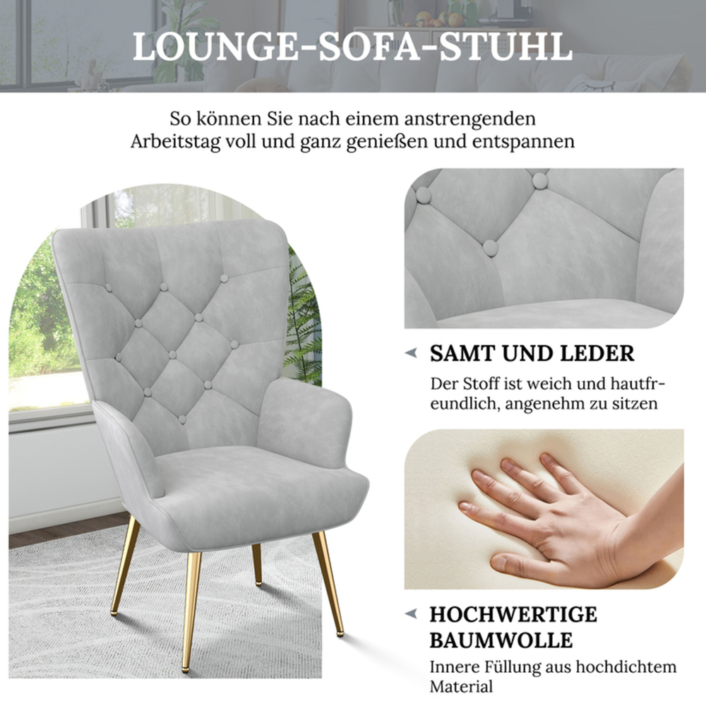 Ein grauer Sessel mit goldenen Beinen. Er hat Knöpfe auf der Rückenlehne. Text: Lounge Sofa Stuhl und Details zum Stuhl.
