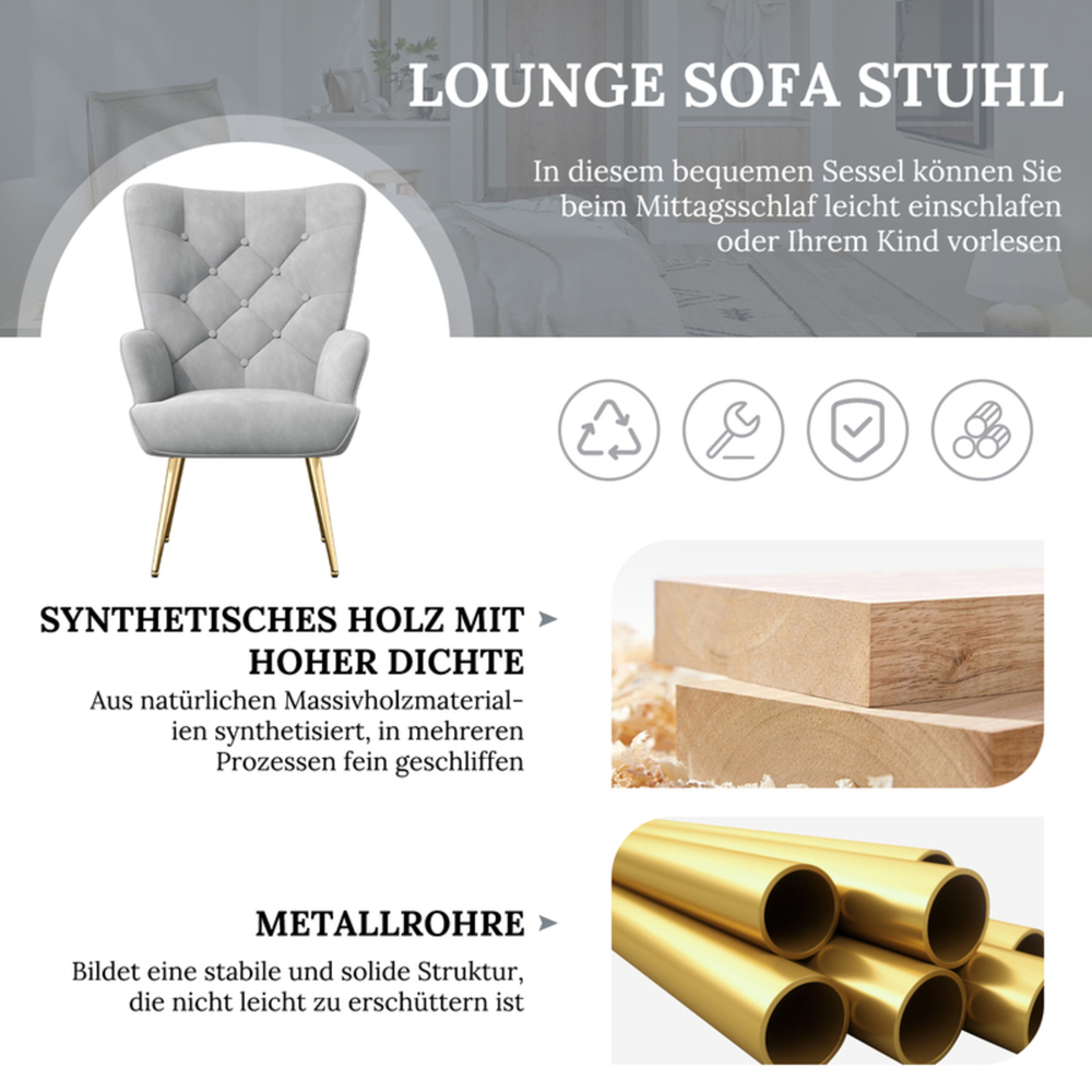 Ein grauer Sessel mit goldenen Beinen. Text beschreibt Merkmale und Materialien: Kunstholz, Metallrohre.