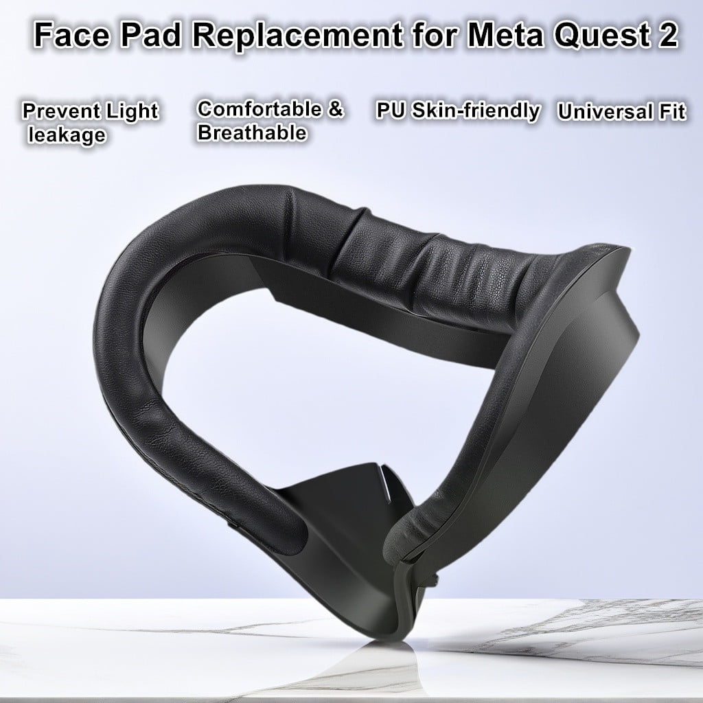 Ein schwarzer Gesichtspad-Ersatz für Meta Quest 2 wird gezeigt. Das Pad liegt auf einer Marmoroberfläche. Text erwähnt: verhindert Lichtaustritt, atmungsaktiv.