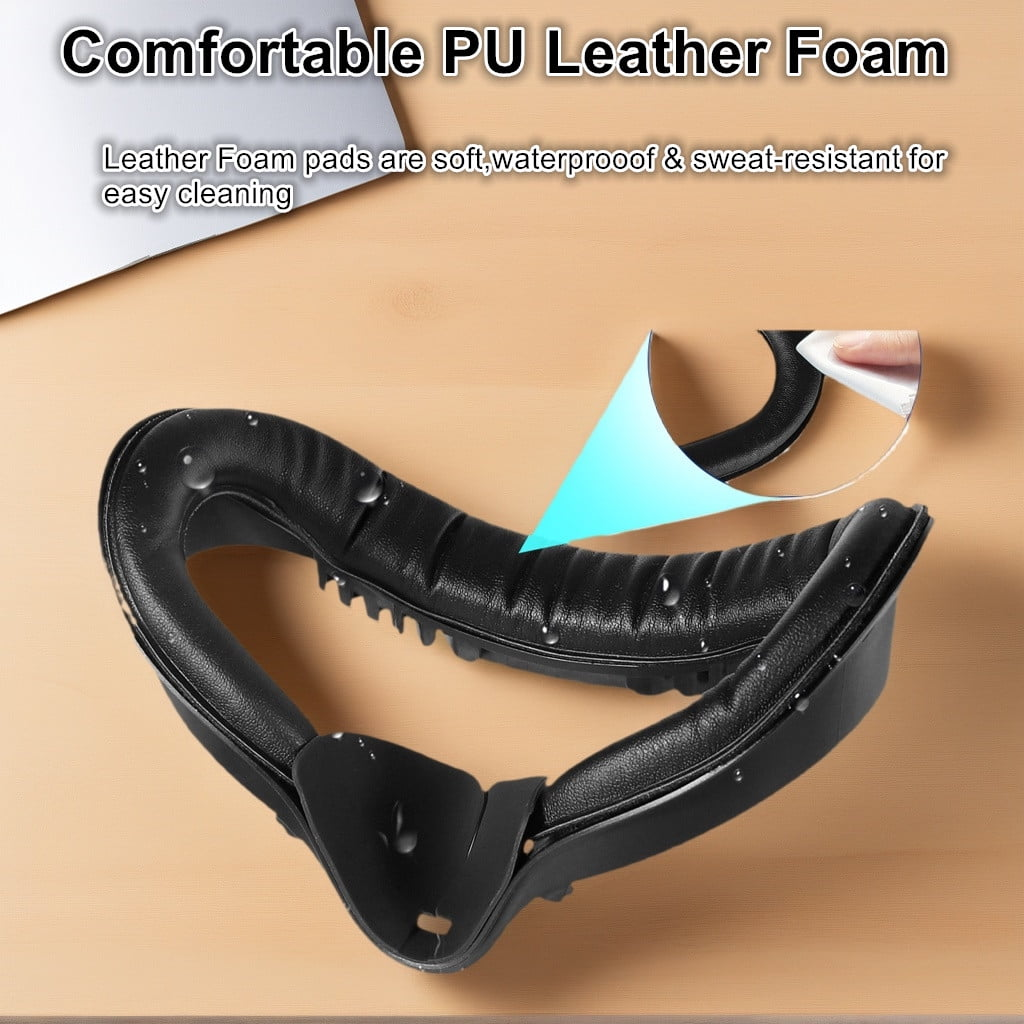 Schwarzes PU-Leder-Schaumstoff-VR-Headset-Pad auf Holzoberfläche. Eine Hand reinigt das Pad. Text sagt, es ist bequem und leicht zu reinigen.