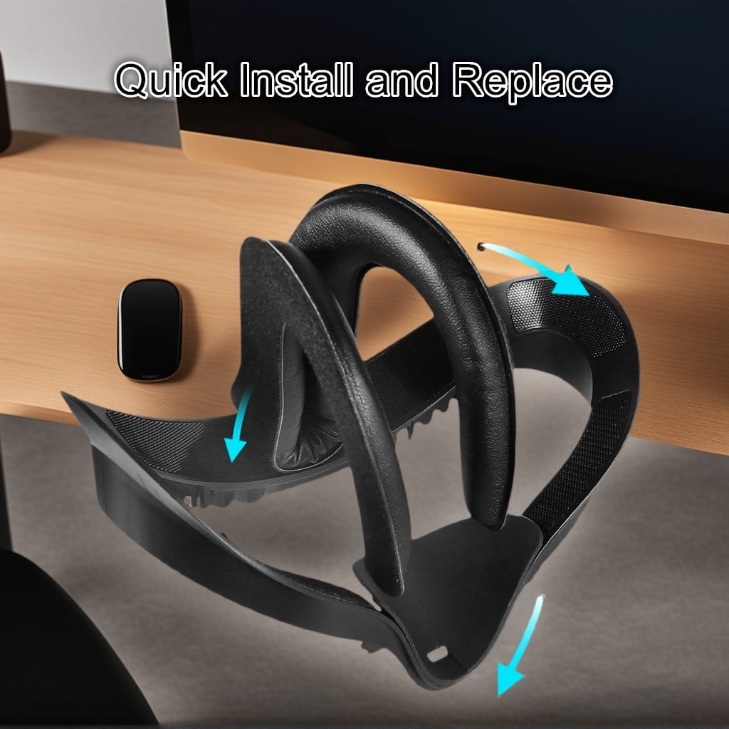 Schwarze VR-Headset-Komponente auf einem Holztisch mit einer schwarzen Fernbedienung. Pfeile zeigen Installation und Austausch an.