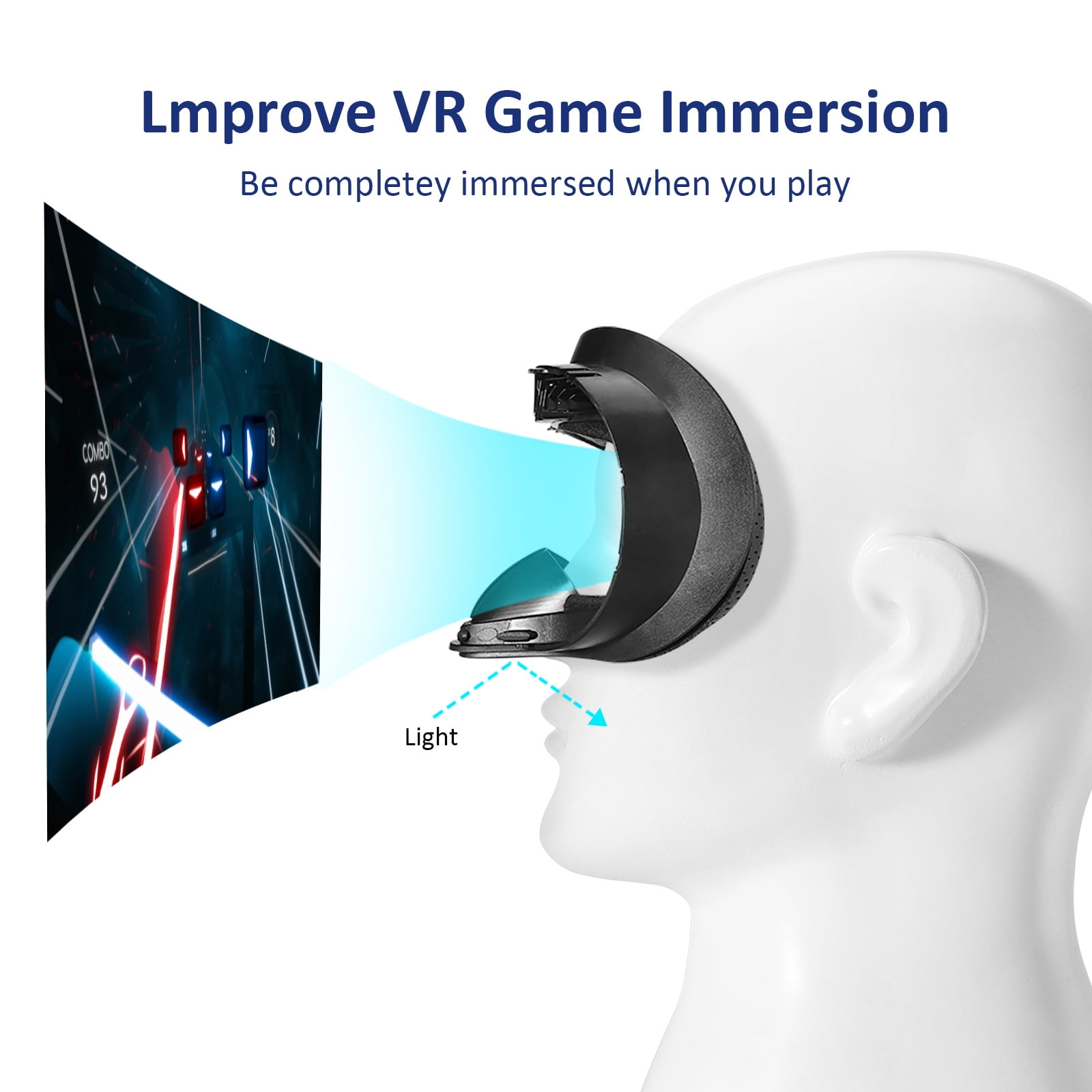 Das Bild zeigt ein VR-Headset auf einem Schaufensterpuppenkopf mit Spielgrafik. Text sagt 'Verbessere das VR-Spielerlebnis'.