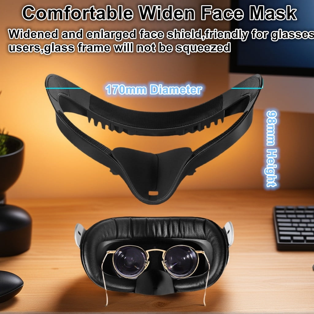 Schwarze VR-Gesichtsmaske mit Brille. Die Maske hat einen Durchmesser von 170 mm und eine Höhe von 98 mm. Sie ist komfortabel und brillenfreundlich.
