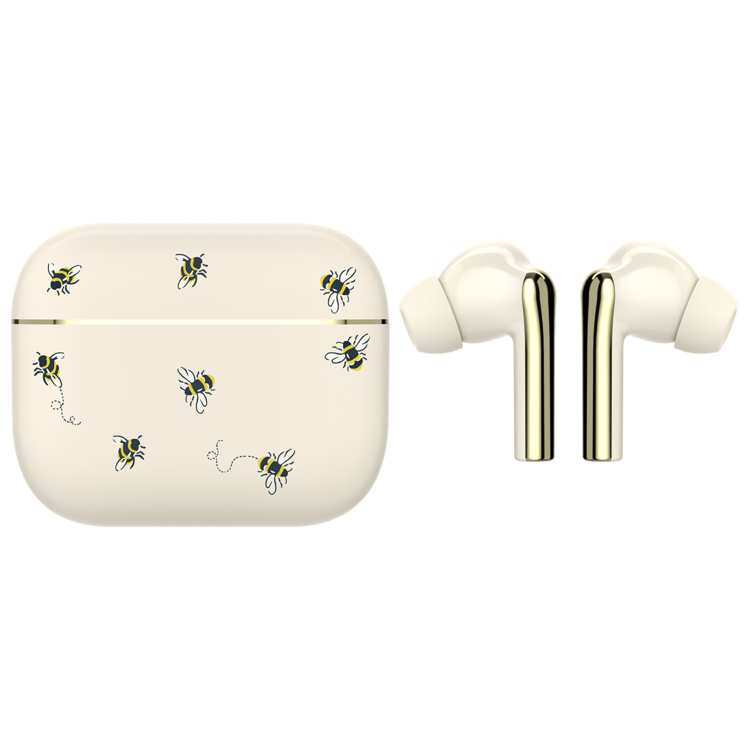 Cremefarbenes AirPods-Etui mit Bienenmuster, goldfarbenen Akzenten und weißen AirPods. Bienen sind schwarz und gelb. Der Hintergrund ist weiß.