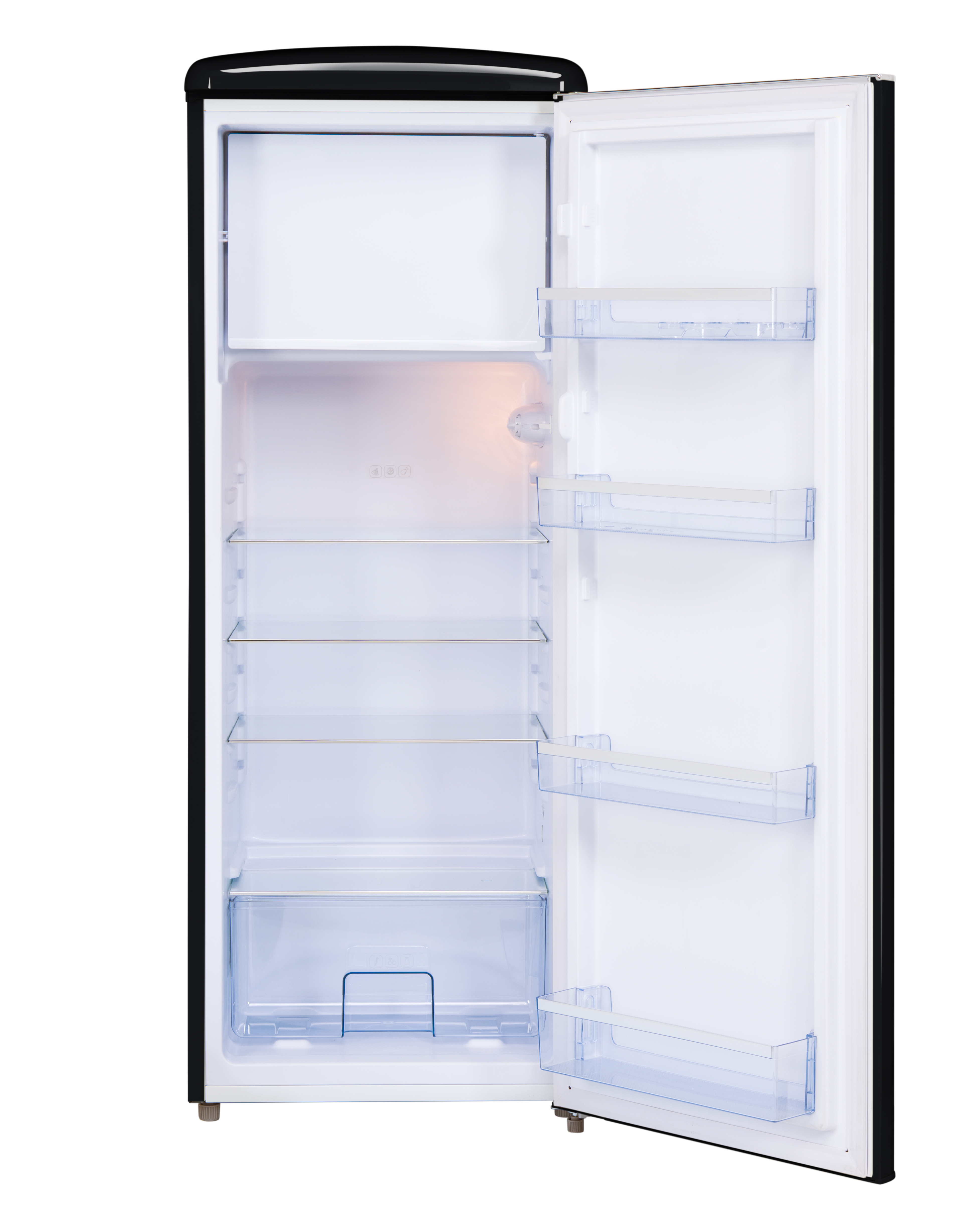 Ein offener schwarzer Kühlschrank mit transparenten Regalen und Türfächern. Der Innenraum ist weiß, die Tür ist offen.
