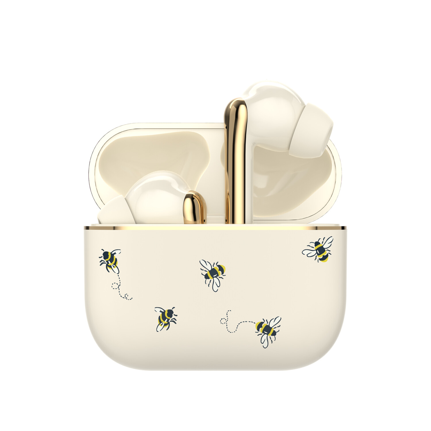 Ohrhörer in einem cremefarbenen Etui mit Bienenillustrationen. Ohrhörer sind weiß mit goldenen Akzenten. Gehäuse ist offen, zeigt Ohrhörer innen.