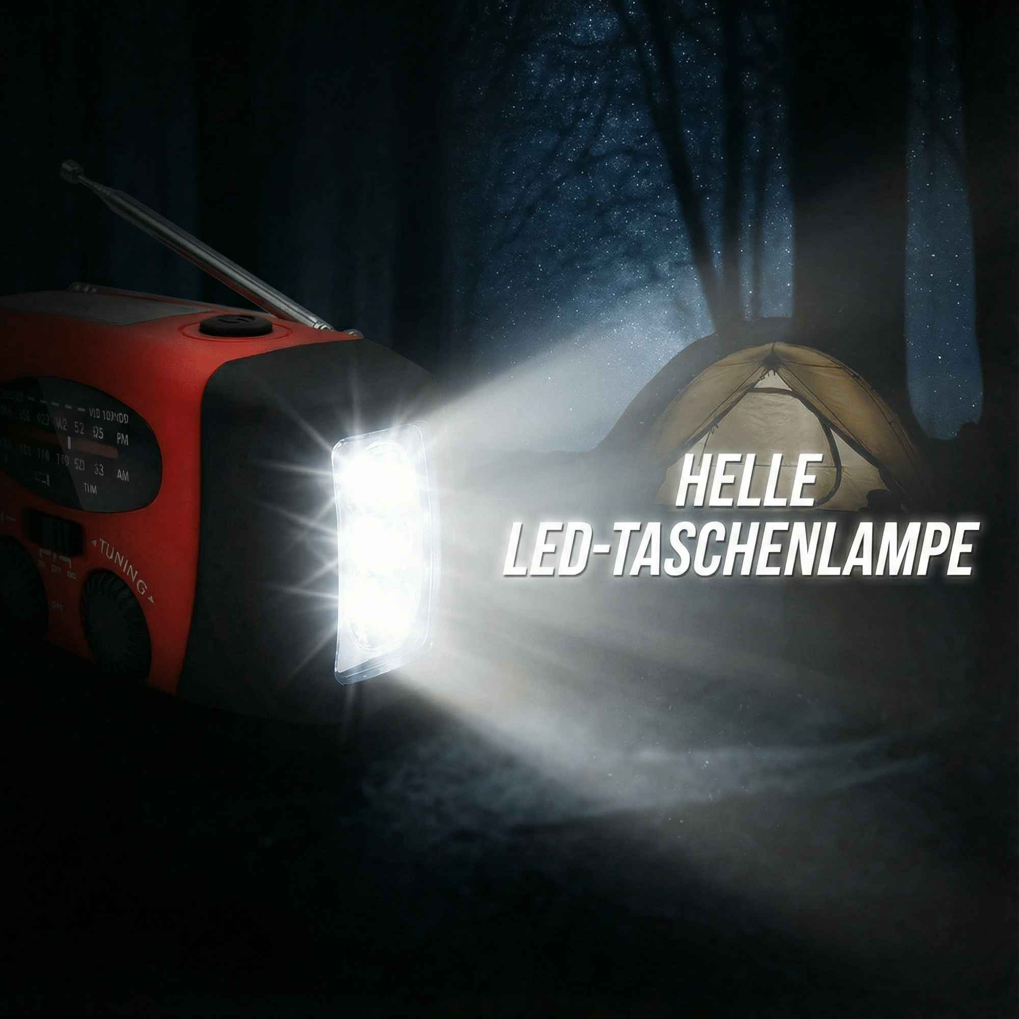 Ein rotes Radio mit hellem LED-Licht beleuchtet ein Zelt im Dunkeln. Text: 'HELLE LED-TASCHENLAMPE'.