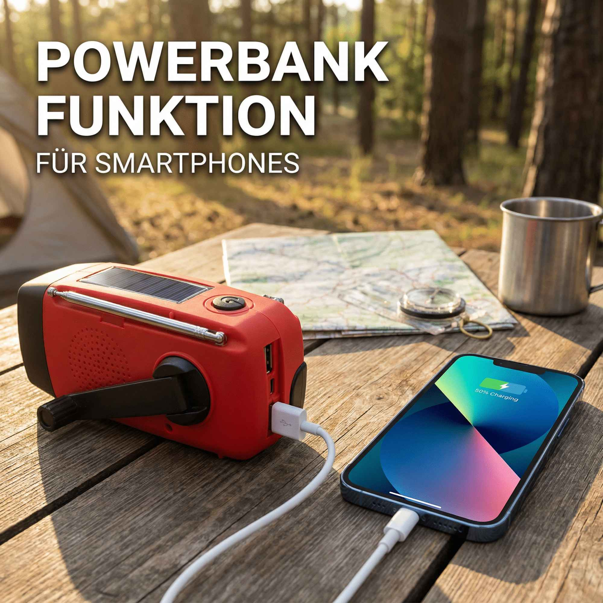 Rote Powerbank lädt Handy auf Holztisch. Karte, Kompass und Becher im Hintergrund.