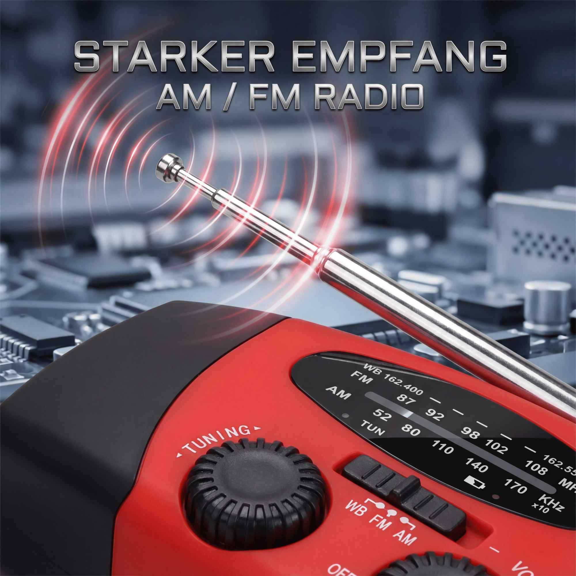 Ein rot-schwarzes AM/FM-Radio mit Antenne. Text sagt 'STARKER EMPFANG AM/FM RADIO'.