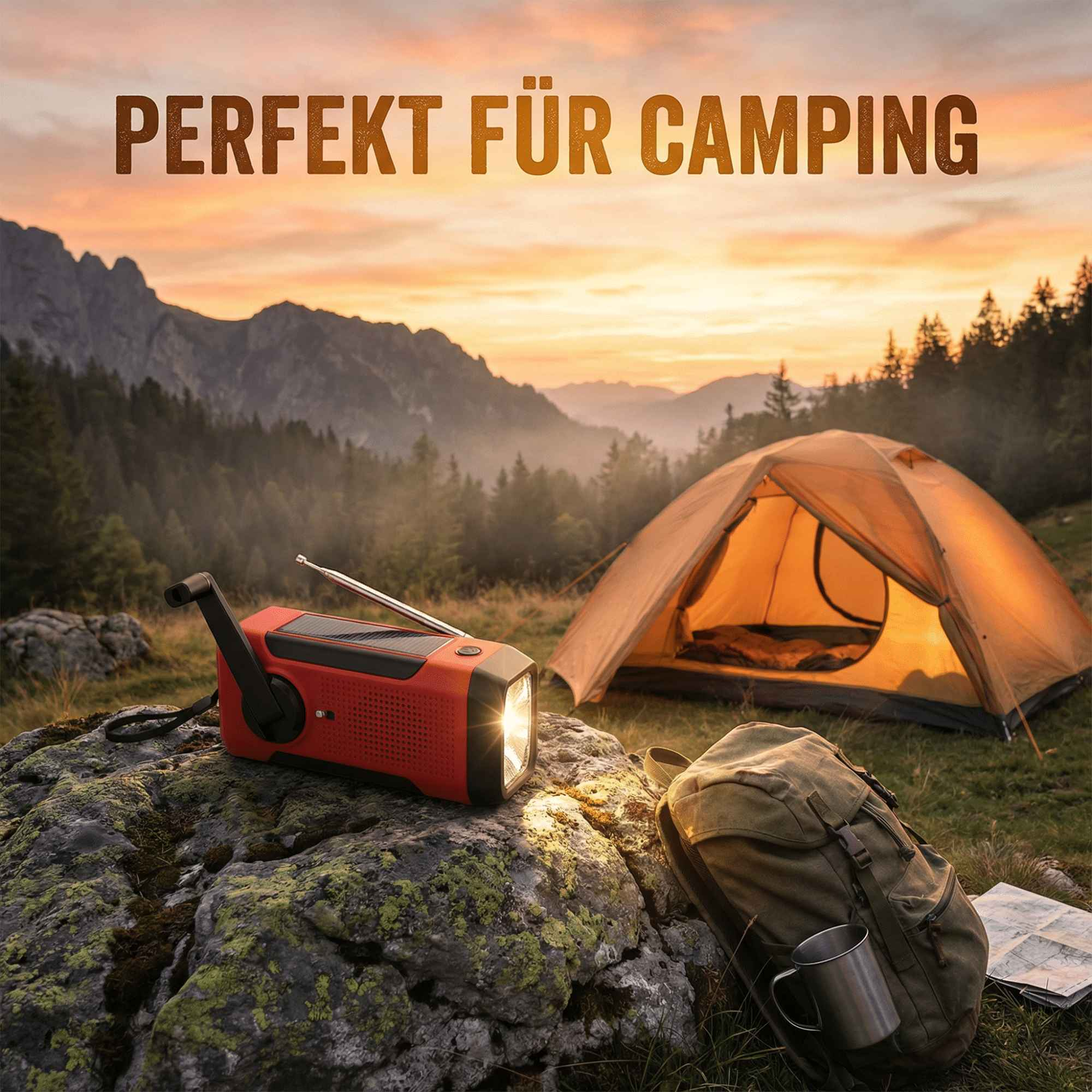Rotes Radio auf einem Felsen, Zelt und Rucksack im Hintergrund, Text 'PERFEKT FÜR CAMPING' oben, Bergblick im Hintergrund.