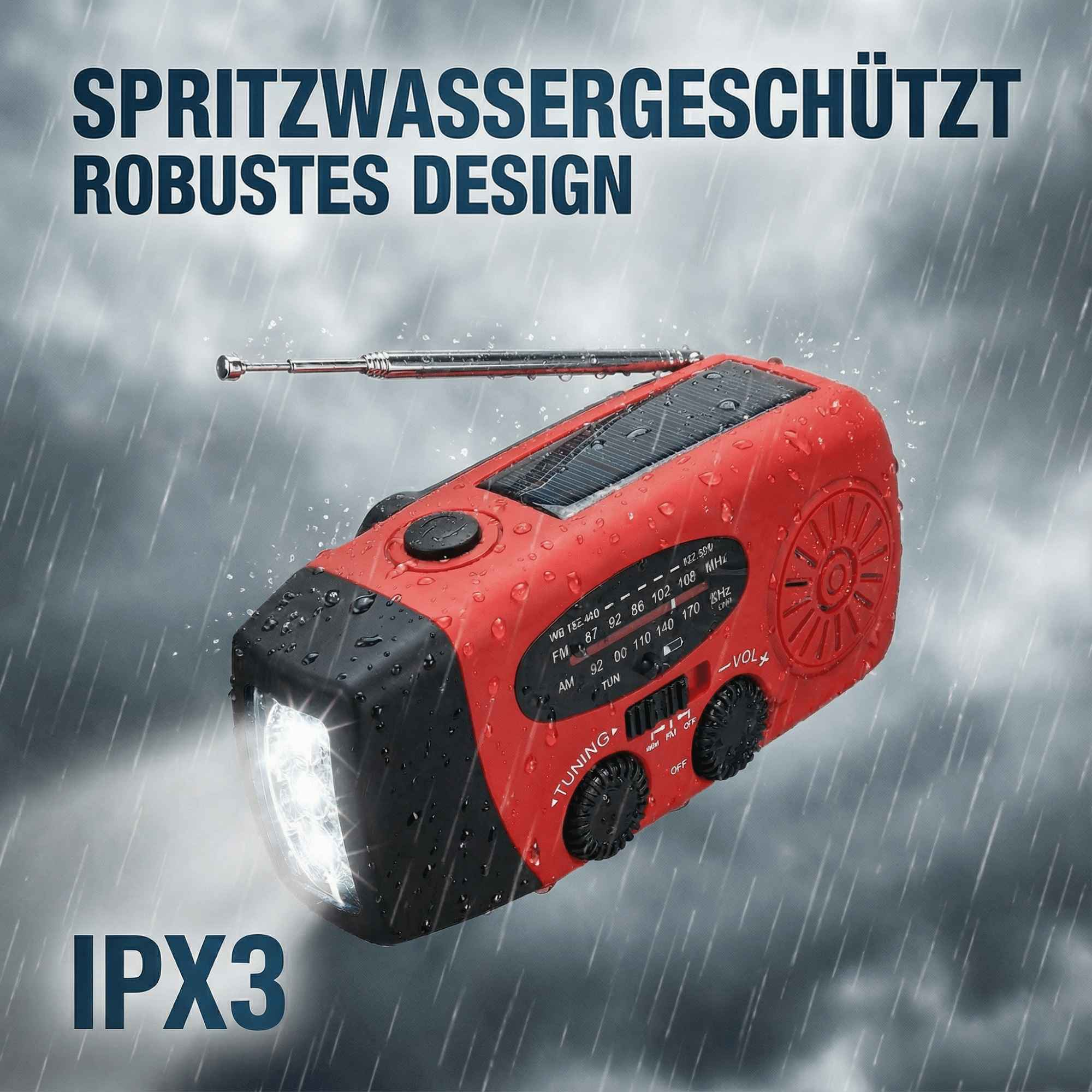 Gezeigt wird ein rotes und schwarzes wasserdichtes Radio mit einer Taschenlampe. Es hat ein Solarpanel und befindet sich im Regen.