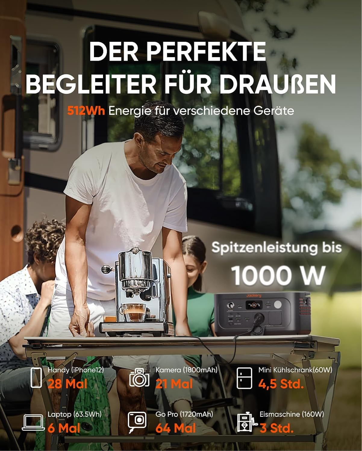 Ein Mann macht draußen Kaffee mit einer tragbaren Stromstation. Text: „Der perfekte Begleiter für draußen“.