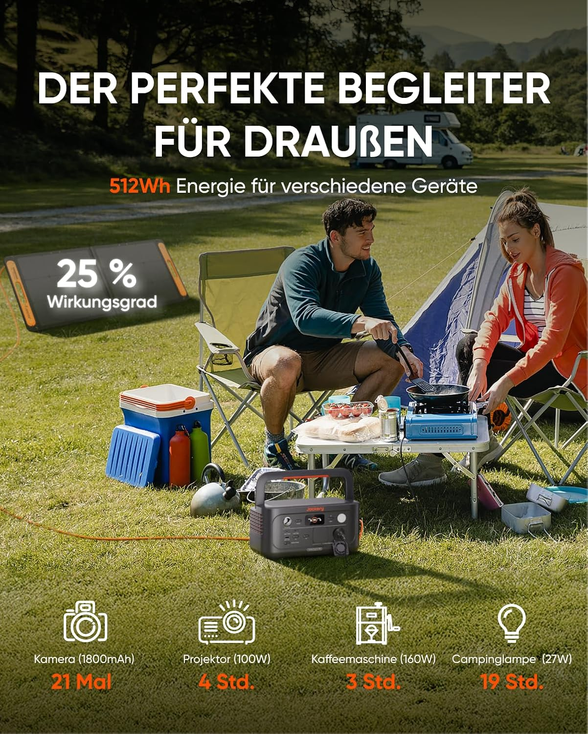 Ein Paar campt und kocht auf einem tragbaren Herd. Solarpanel zeigt 25% Wirkungsgrad. Powerstation lädt Geräte wie Kamera und Projektor.