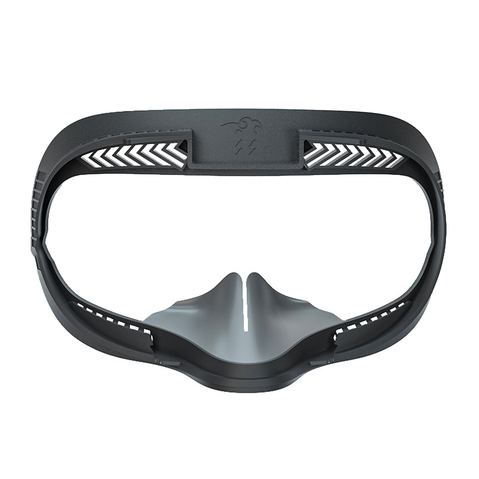 Ein dunkelgrauer VR-Headset-Rahmen. Er hat einen Nasensteg und pfeilförmige Öffnungen. Der Hintergrund ist weiß.
