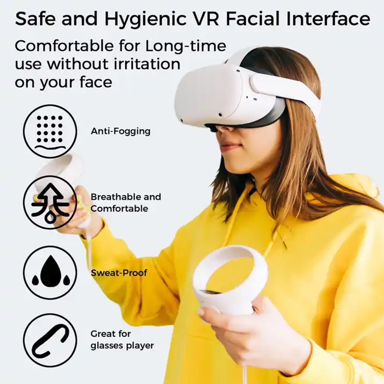 Eine Frau mit VR-Headset, Controller. Text: beschreibt Anti-Beschlag, atmungsaktiv, schweißfest und brillenfreundlich.