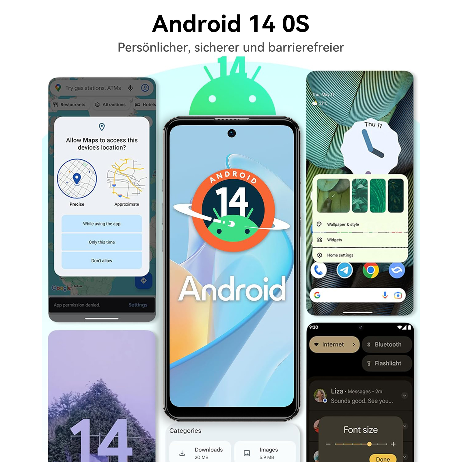 Android 14 OS-Oberfläche auf einem Telefon. Zeigt Karten, Einstellungen und andere App-Vorschauen.