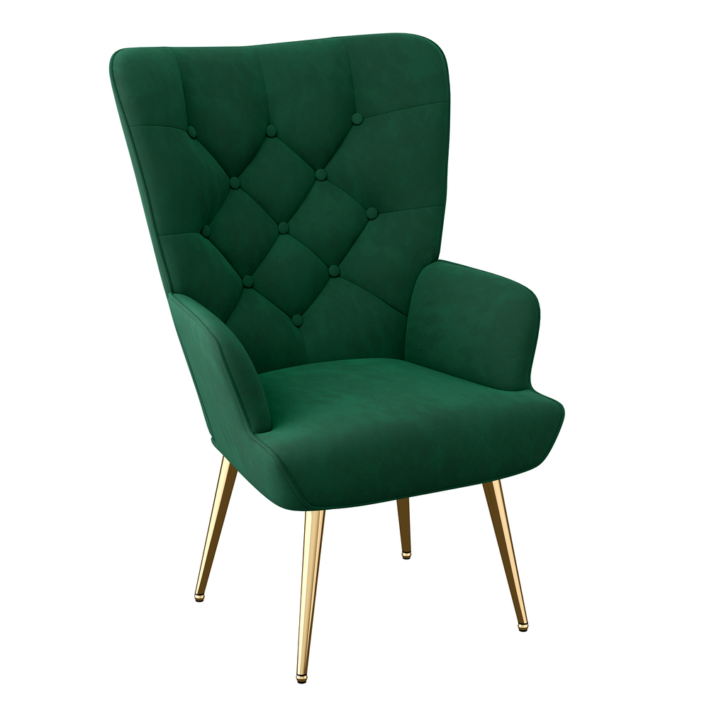 Ein grüner Samt-Sessel mit goldenen Beinen. Der Stuhl hat eine hohe Rückenlehne mit Knopfdetails und Armlehnen.