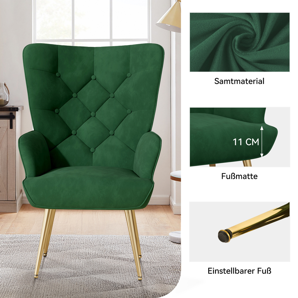 Ein grüner Samt-Sessel mit goldenen Beinen. Details zeigen Samtmaterial, Fußhöhe (11 cm) und verstellbaren Fuß. Der Stuhl steht drinnen.