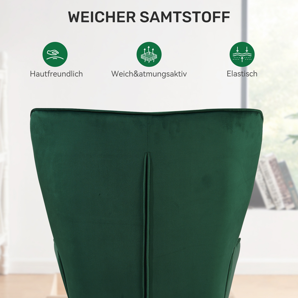 Nahaufnahme einer grünen Samtstuhllehne. Text oben: 'WEICHER SAMTSTOFF'. Icons zeigen hautfreundlich, atmungsaktiv und elastisch.