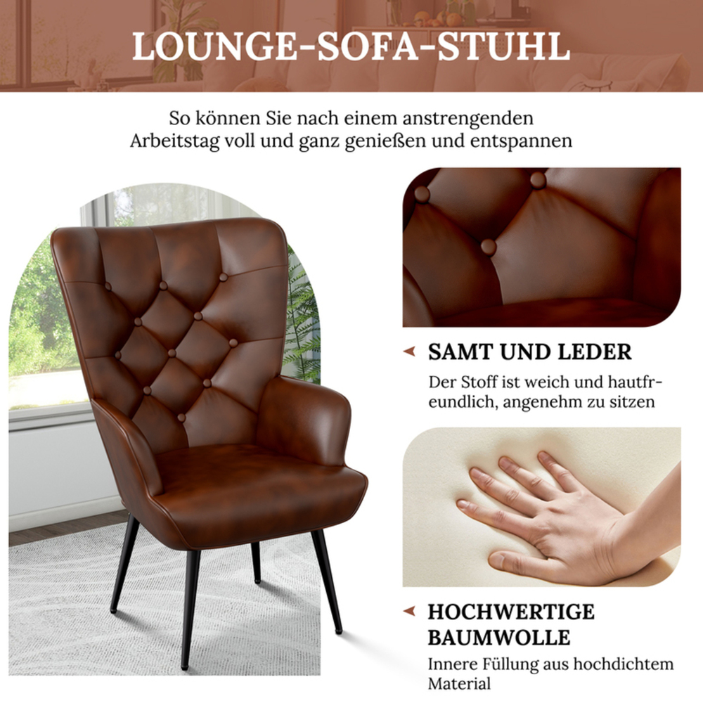 Ein brauner Ledersessel mit schwarzen Beinen. Details zeigen Samt und Leder mit hochwertiger Baumwollfüllung.