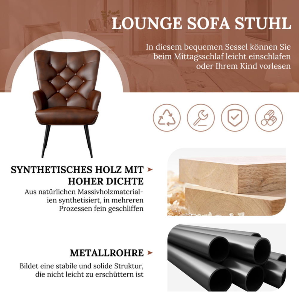 Ein brauner Ledersessel mit schwarzen Beinen. Text enthält 'LOUNGE SOFA STUHL' und Materialbeschreibungen wie Holz und Metall.