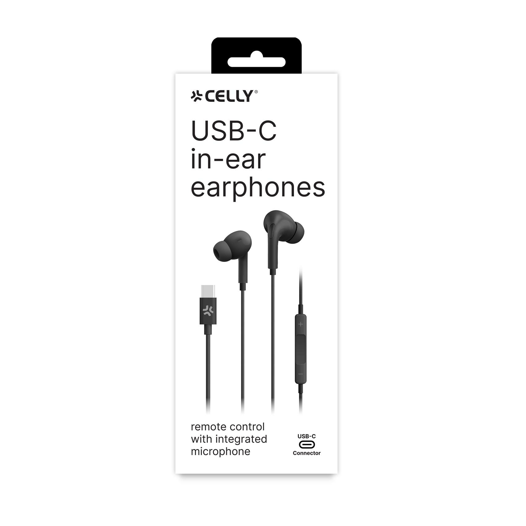 Auricolari neri in-ear su scatola bianca. Include connettore USB-C e telecomando.