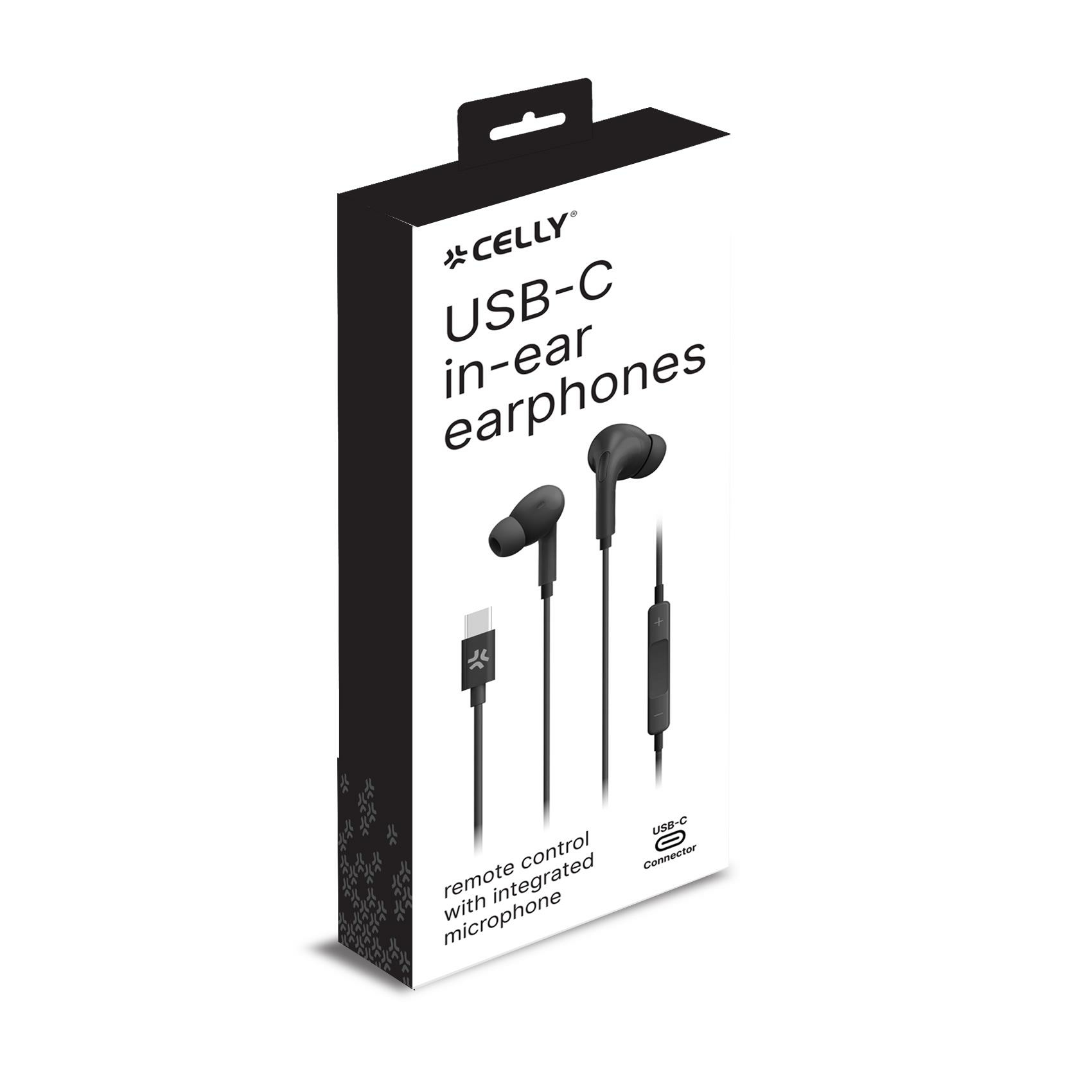 Scatola di auricolari neri in-ear. La scatola mostra il nome del prodotto, il marchio e funzionalità come USB-C e telecomando.