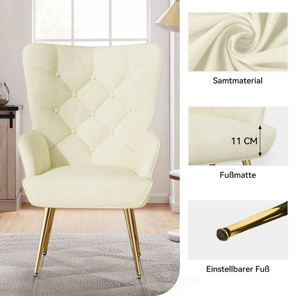 Cremefarbener Sessel mit goldenen Beinen. Details: Samtmaterial, 11 cm Fußhöhe, verstellbarer Fuß. Hintergrund: Fenster und Holzschrank.