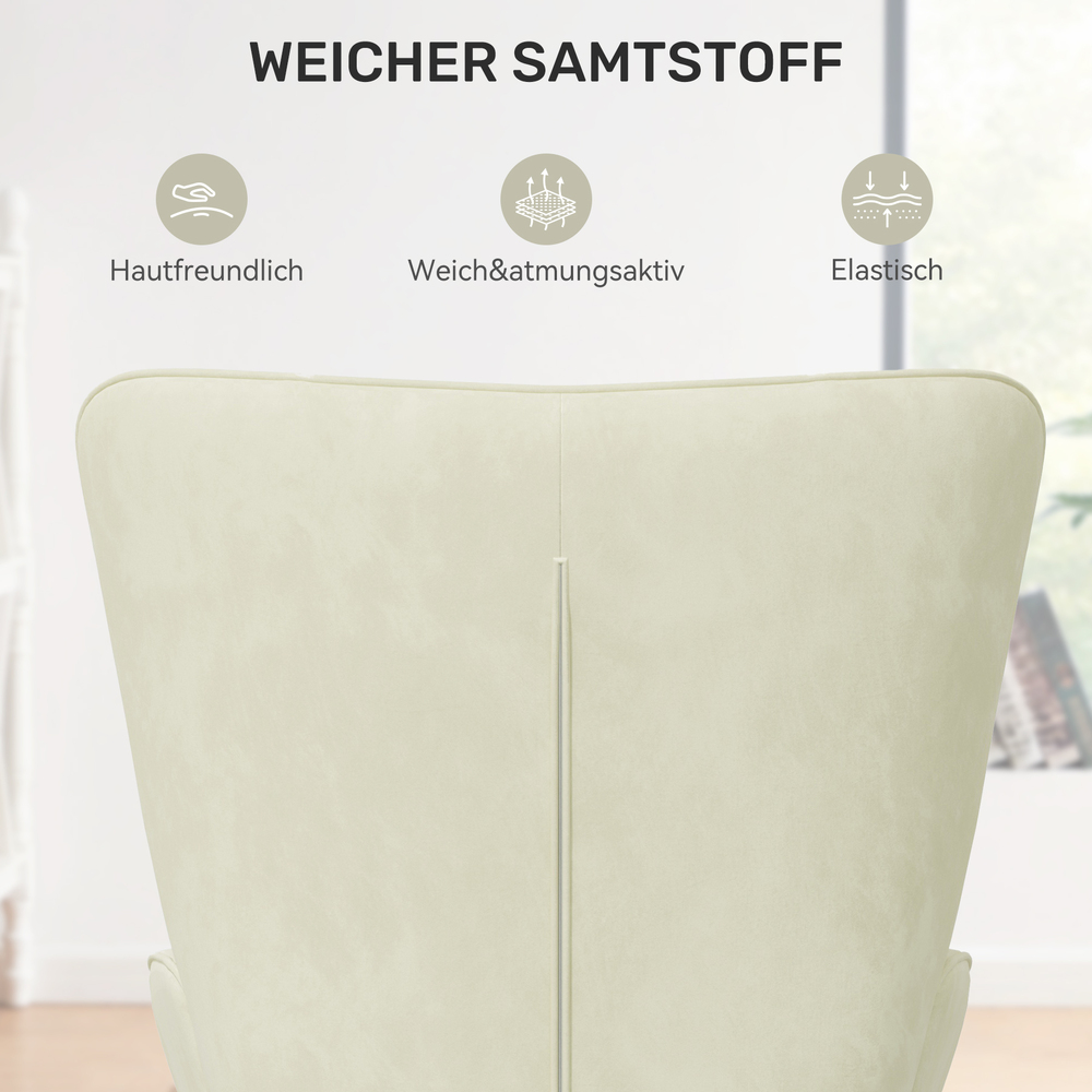 Rückseite eines cremefarbenen Stuhls. Oben steht 'WEICHER SAMTSTOFF'. Darunter Icons mit Text: 'Hautfreundlich', 'Weich&atmungsaktiv', 'Elastisch'.