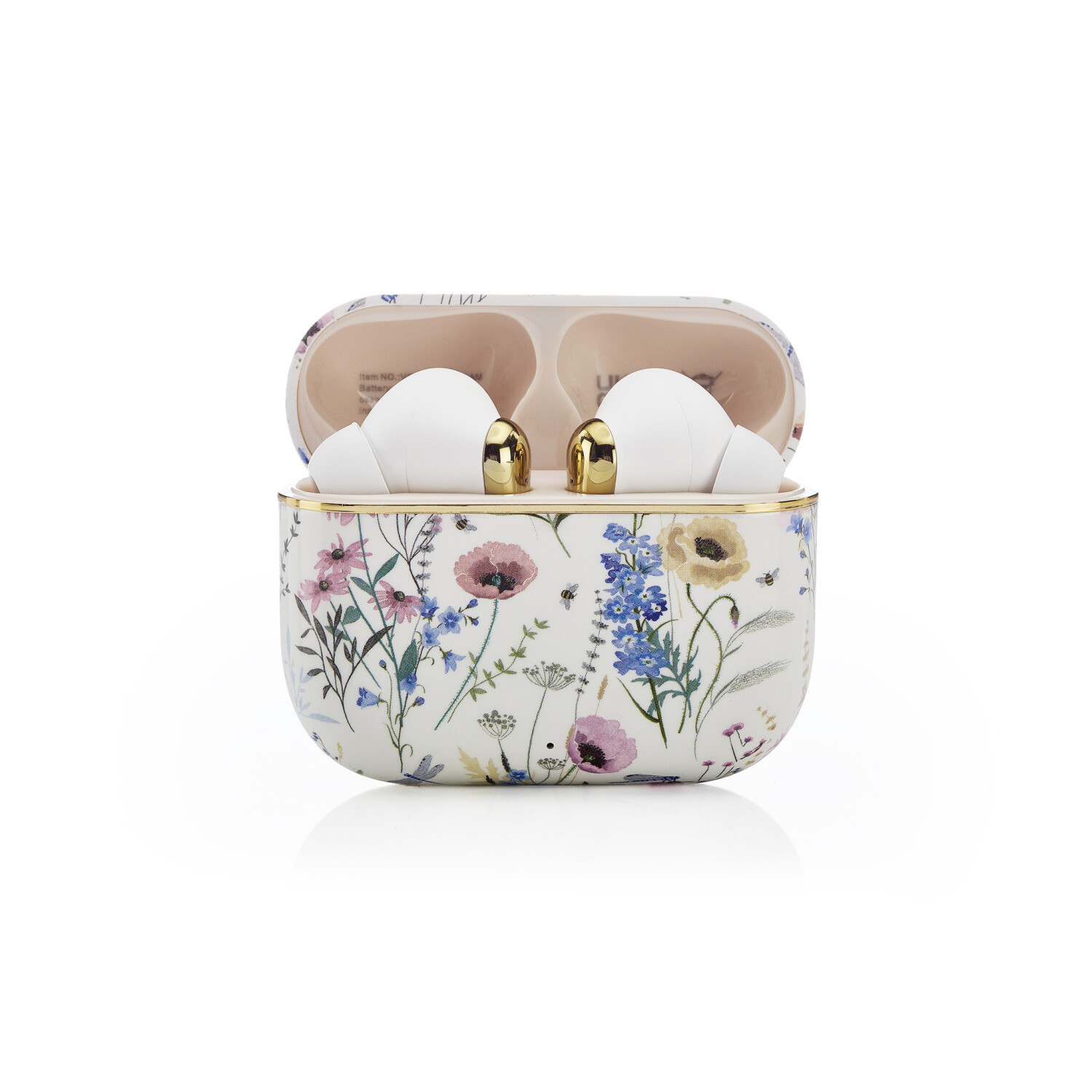 Weiße Ohrhörer in einem floralen Etui. Das Etui ist geöffnet und zeigt die Knospen. Das Etui hat goldene Verzierungen und ein Blumenmuster.