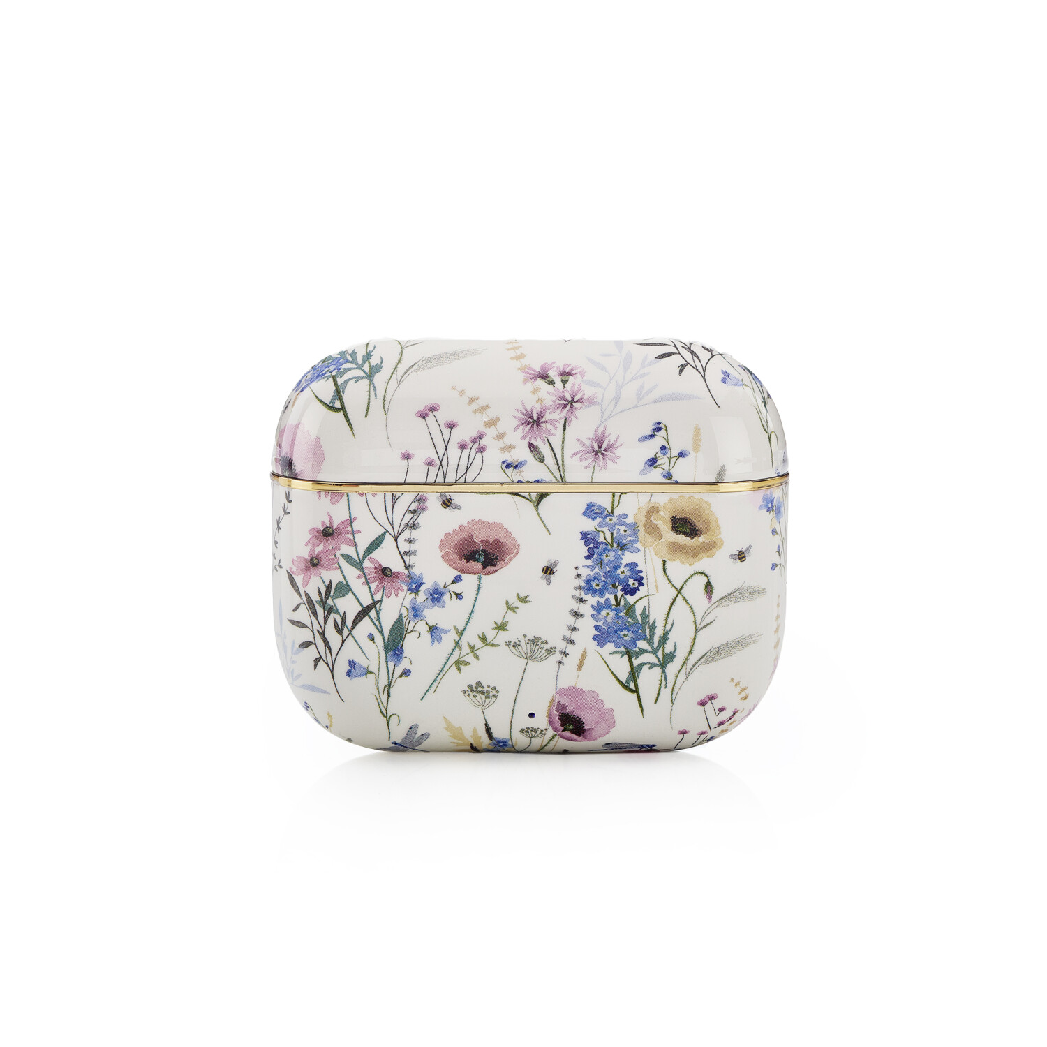 Eine weiße, abgerundete Box mit einem Blumenmuster mit rosa, lila und blauen Blumen und einem goldenen Rand. Sie steht auf einer weißen Oberfläche.