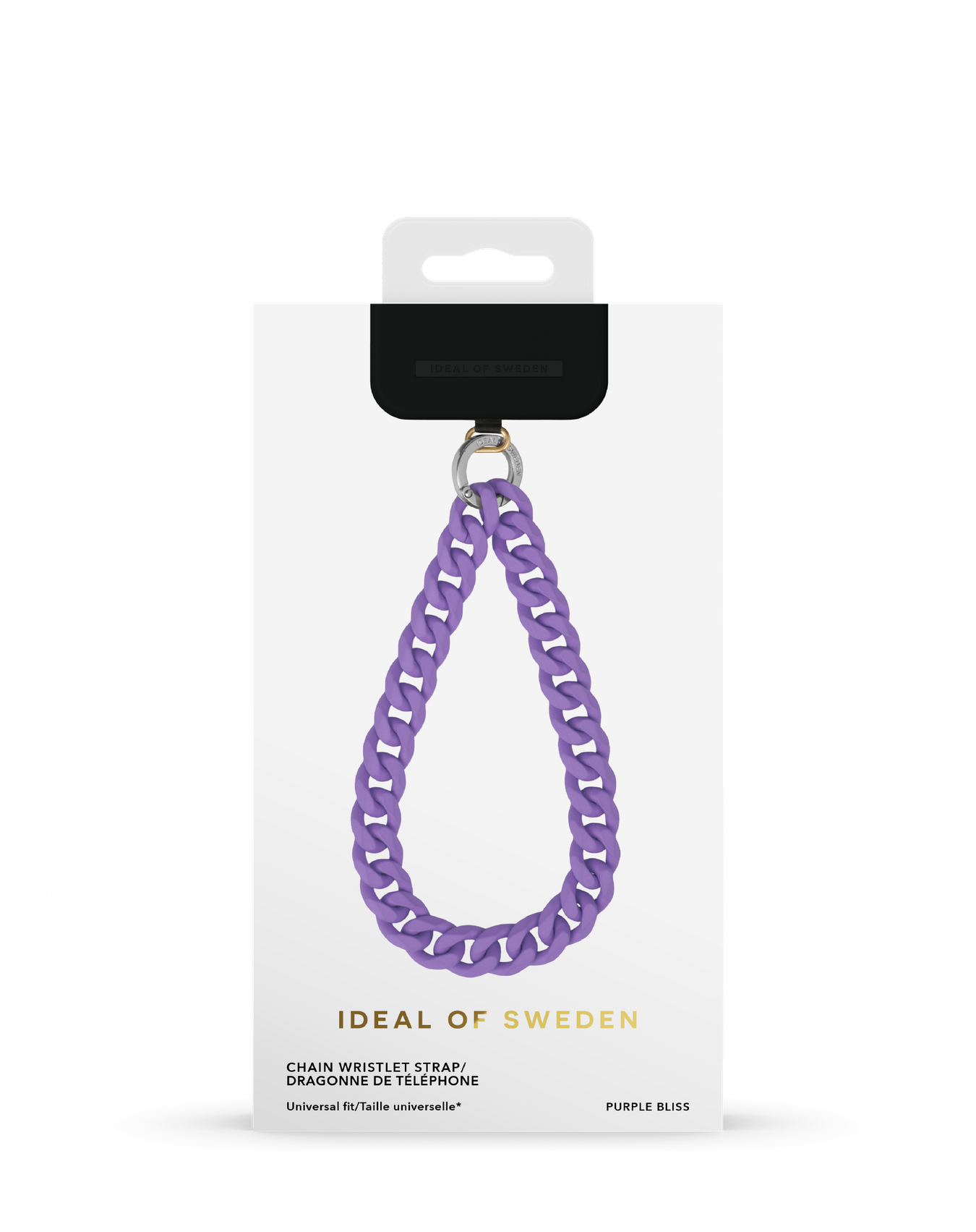 Ein lila Kettengürtel für ein Telefon. Die Verpackung trägt den Markennamen 'IDEAL OF SWEDEN' und Produktdetails.