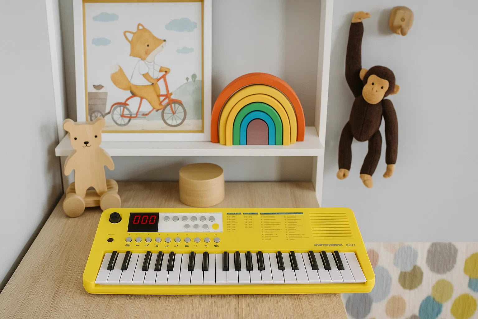Ein gelbes Spielzeugkeyboard steht auf einem Holzschreibtisch. Ein Holzbaer, ein Regenbogenstapler und ein Affenspielzeug sind in der Naehe. Eine Fuchs-Kunst steht auf dem Regal.